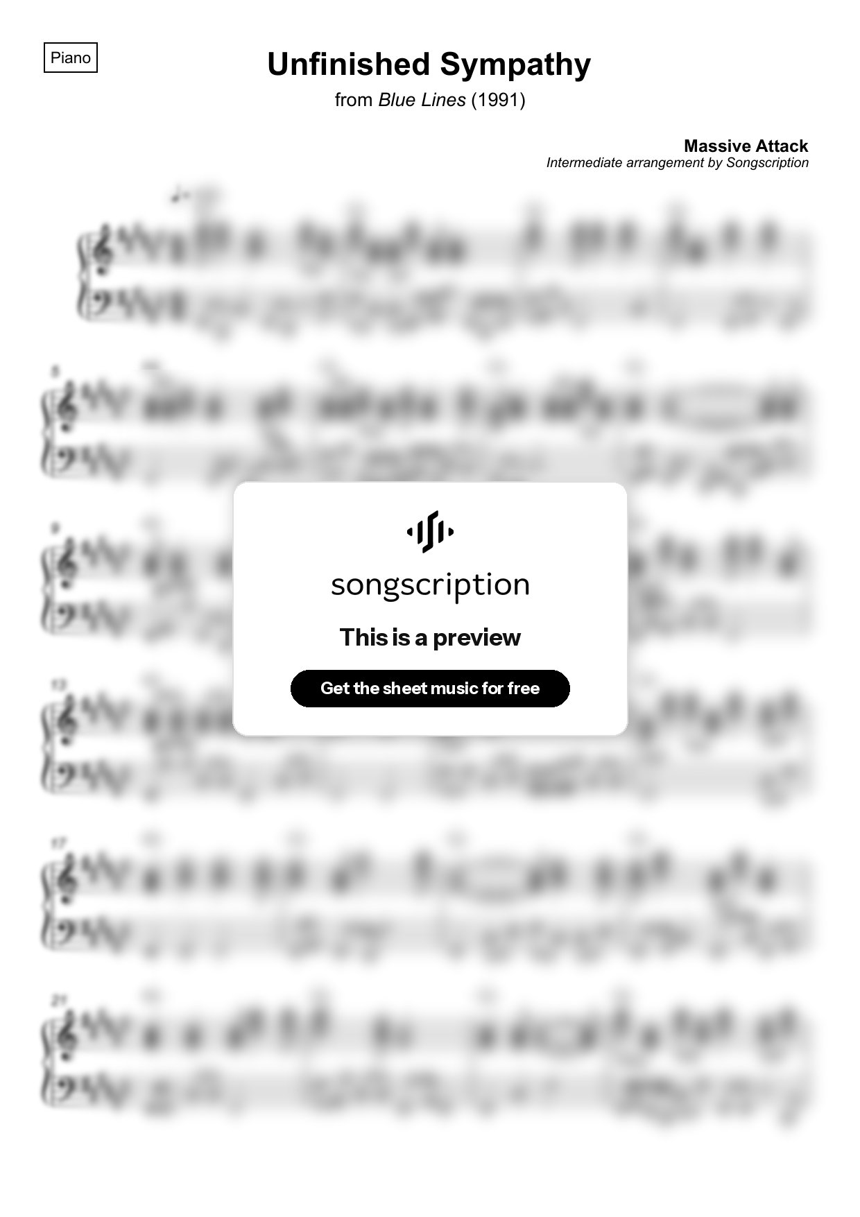 Intermediate Piano Sheet Music for "Unfinished Sympathy" by Massive Attack