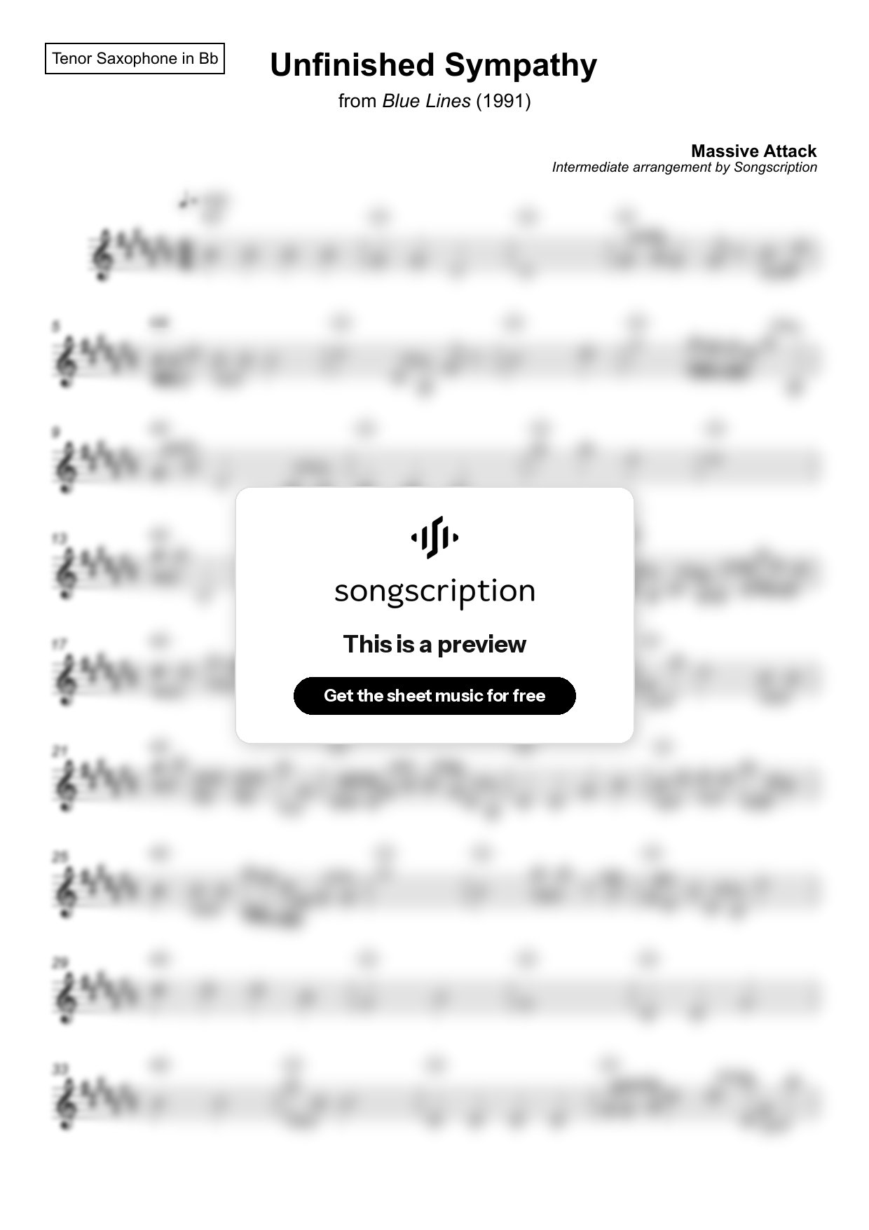 Intermediate Tenor Sax Sheet Music for "Unfinished Sympathy" by Massive Attack