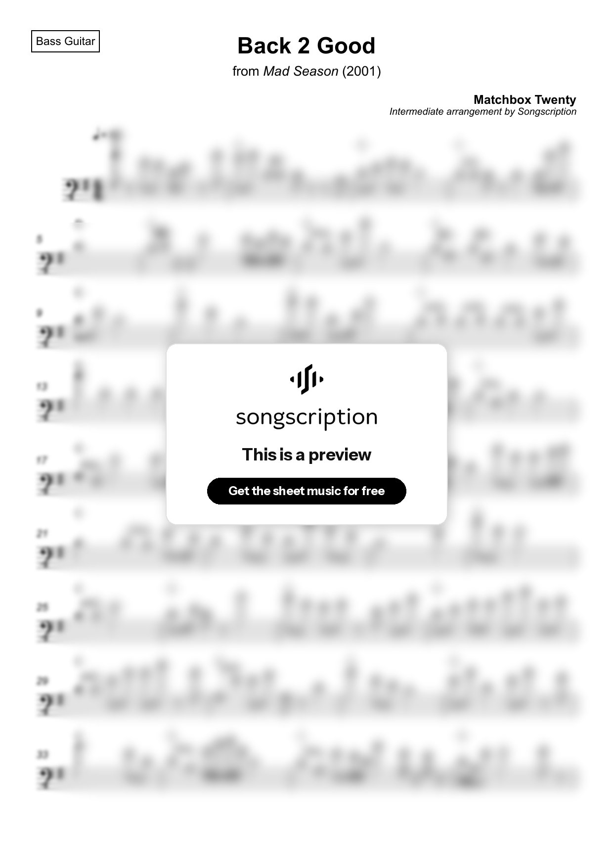Intermediate Bass Guitar Sheet Music for "Back 2 Good" by Matchbox Twenty
