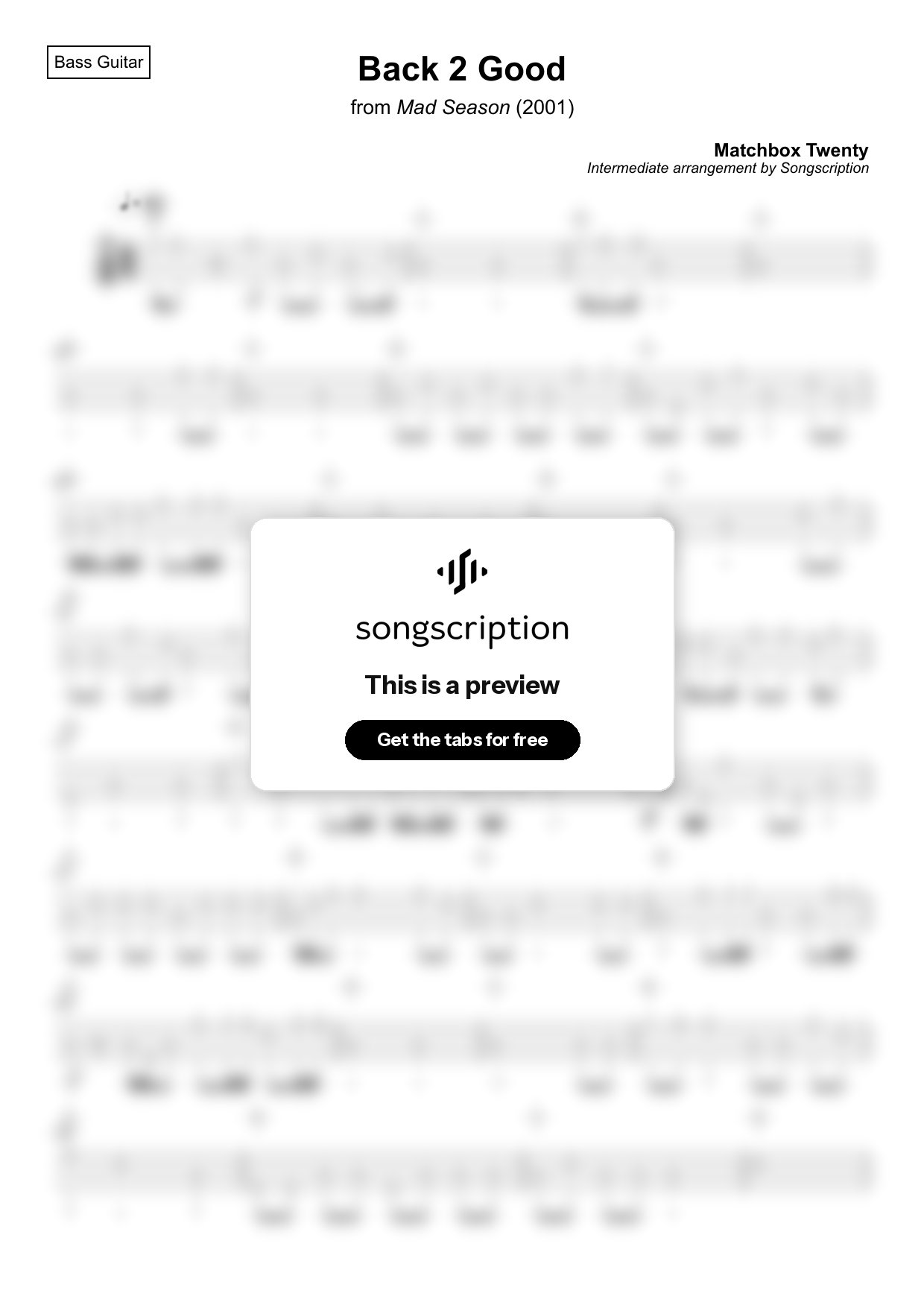 Intermediate Bass Guitar Tabs for "Back 2 Good" by Matchbox Twenty