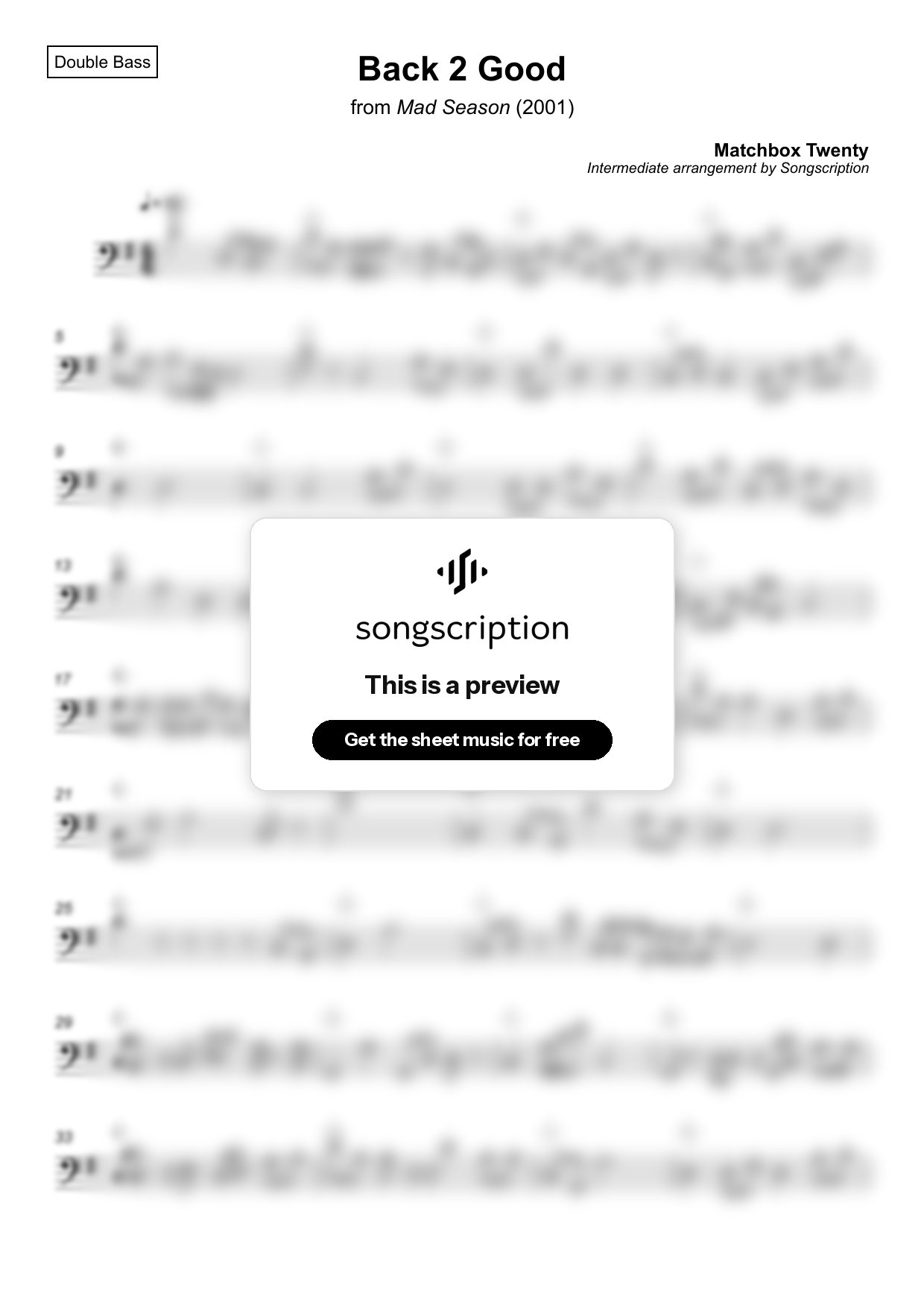 Intermediate Double Bass Sheet Music for "Back 2 Good" by Matchbox Twenty