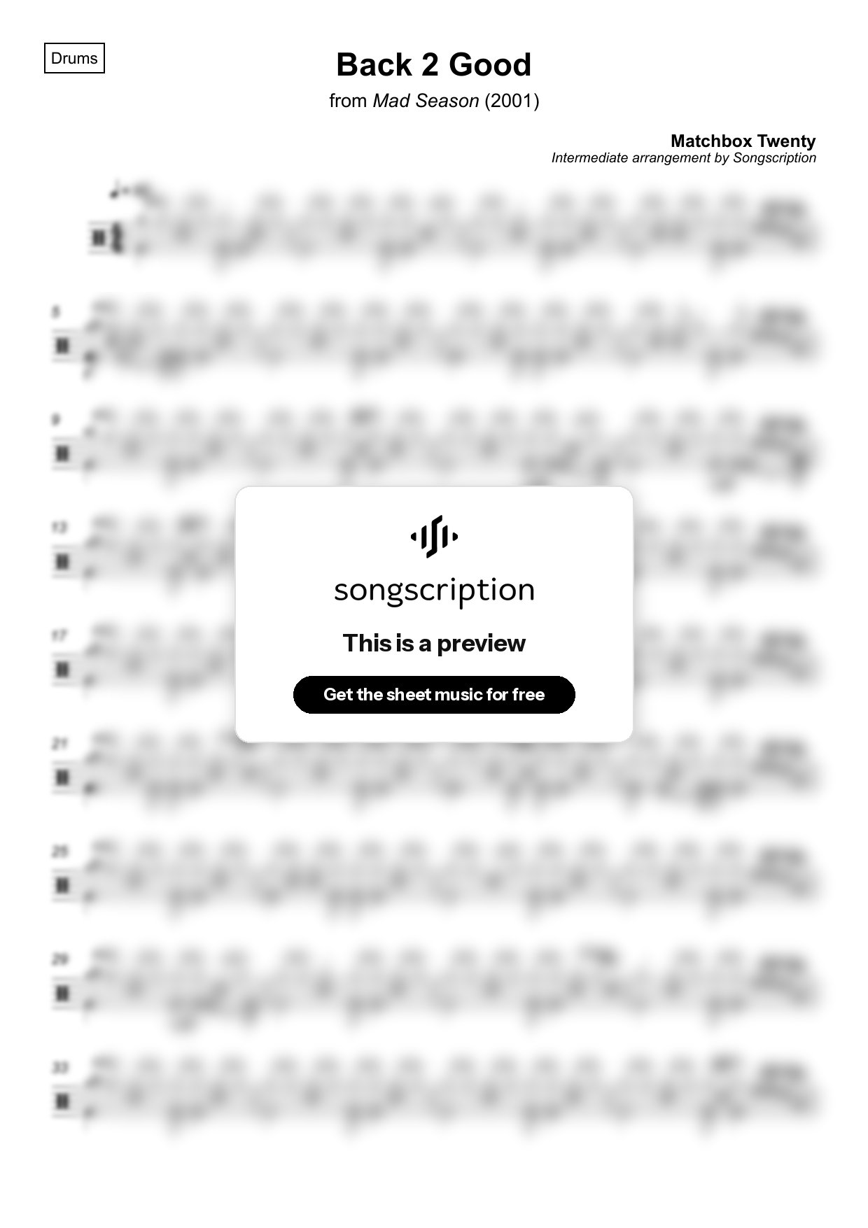 Intermediate Drums Sheet Music for "Back 2 Good" by Matchbox Twenty