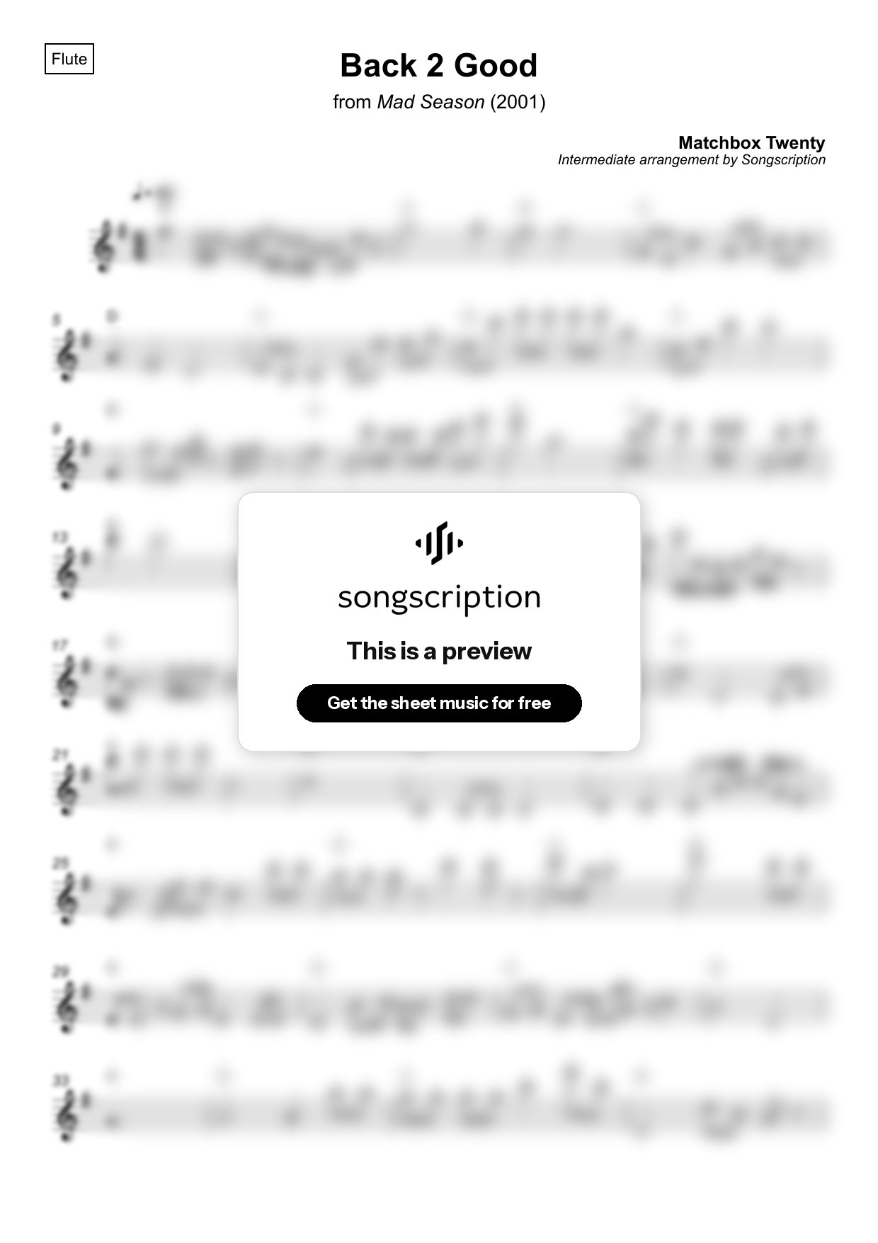 Intermediate Flute Sheet Music for "Back 2 Good" by Matchbox Twenty