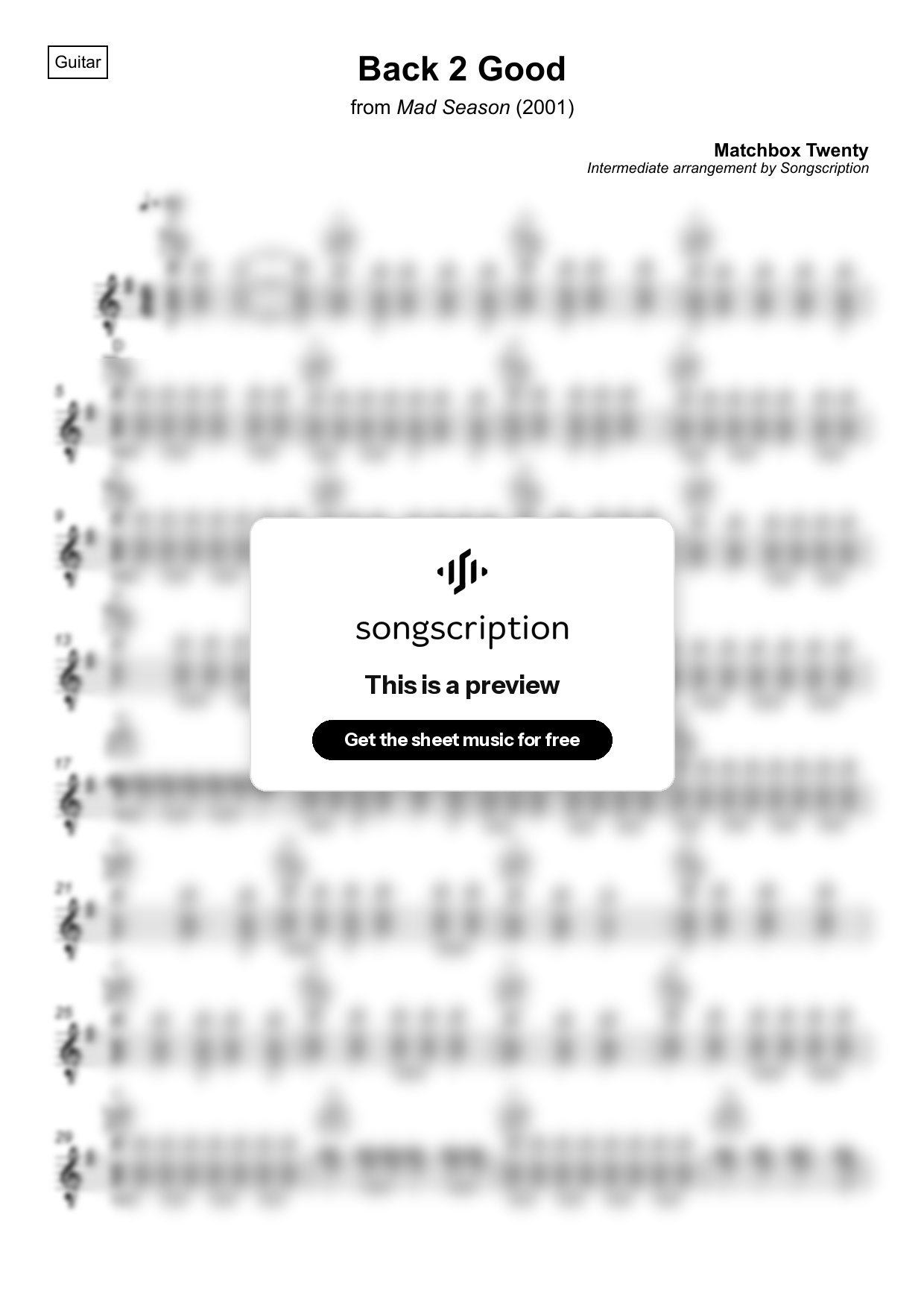 Intermediate Acoustic Guitar Sheet Music for "Back 2 Good" by Matchbox Twenty