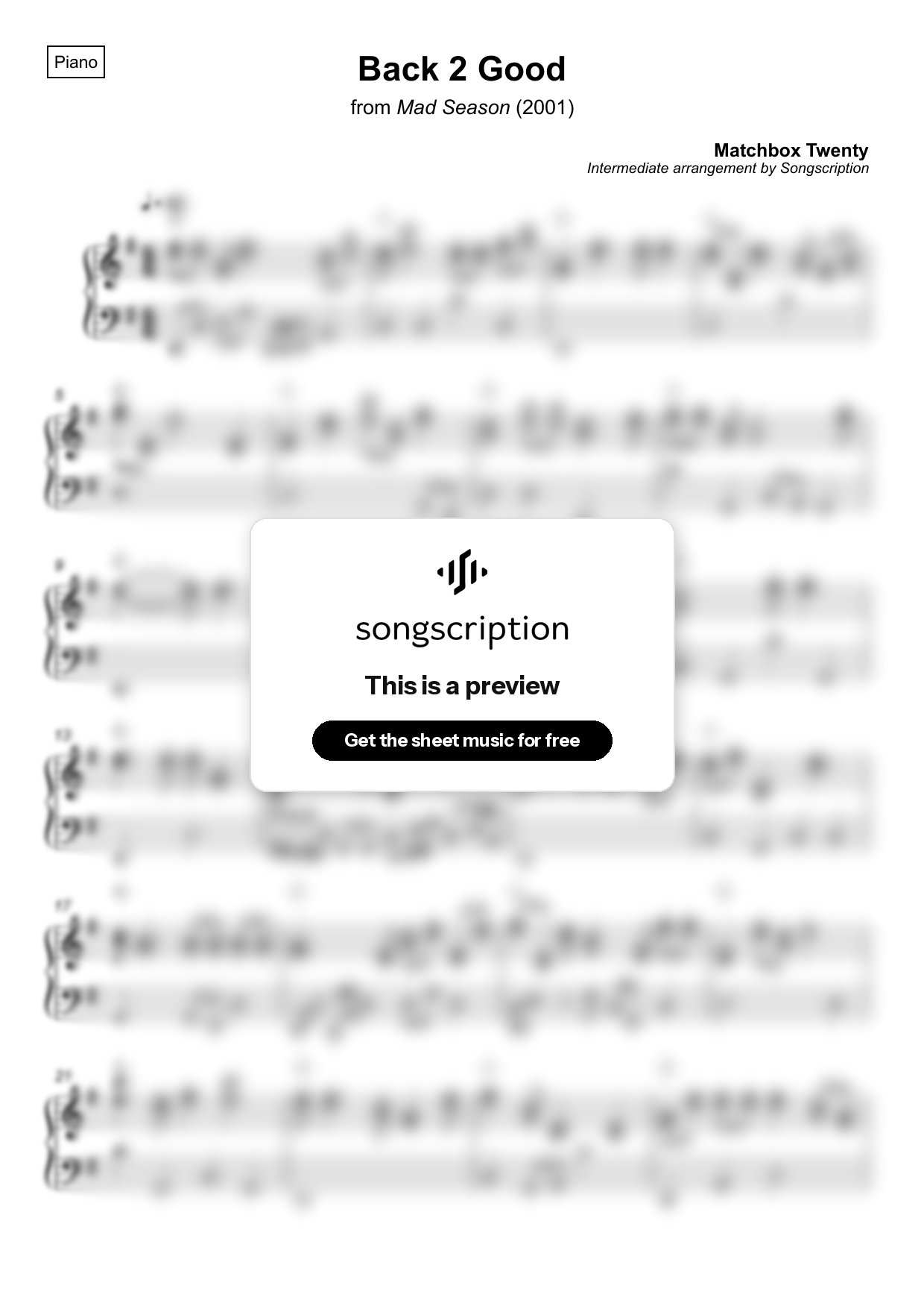 Intermediate Piano Sheet Music for "Back 2 Good" by Matchbox Twenty