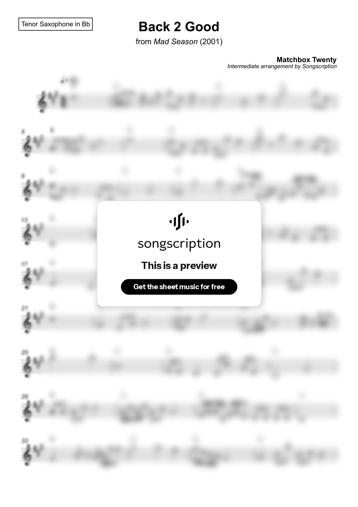 Intermediate Tenor Sax Sheet Music for "Back 2 Good" by Matchbox Twenty