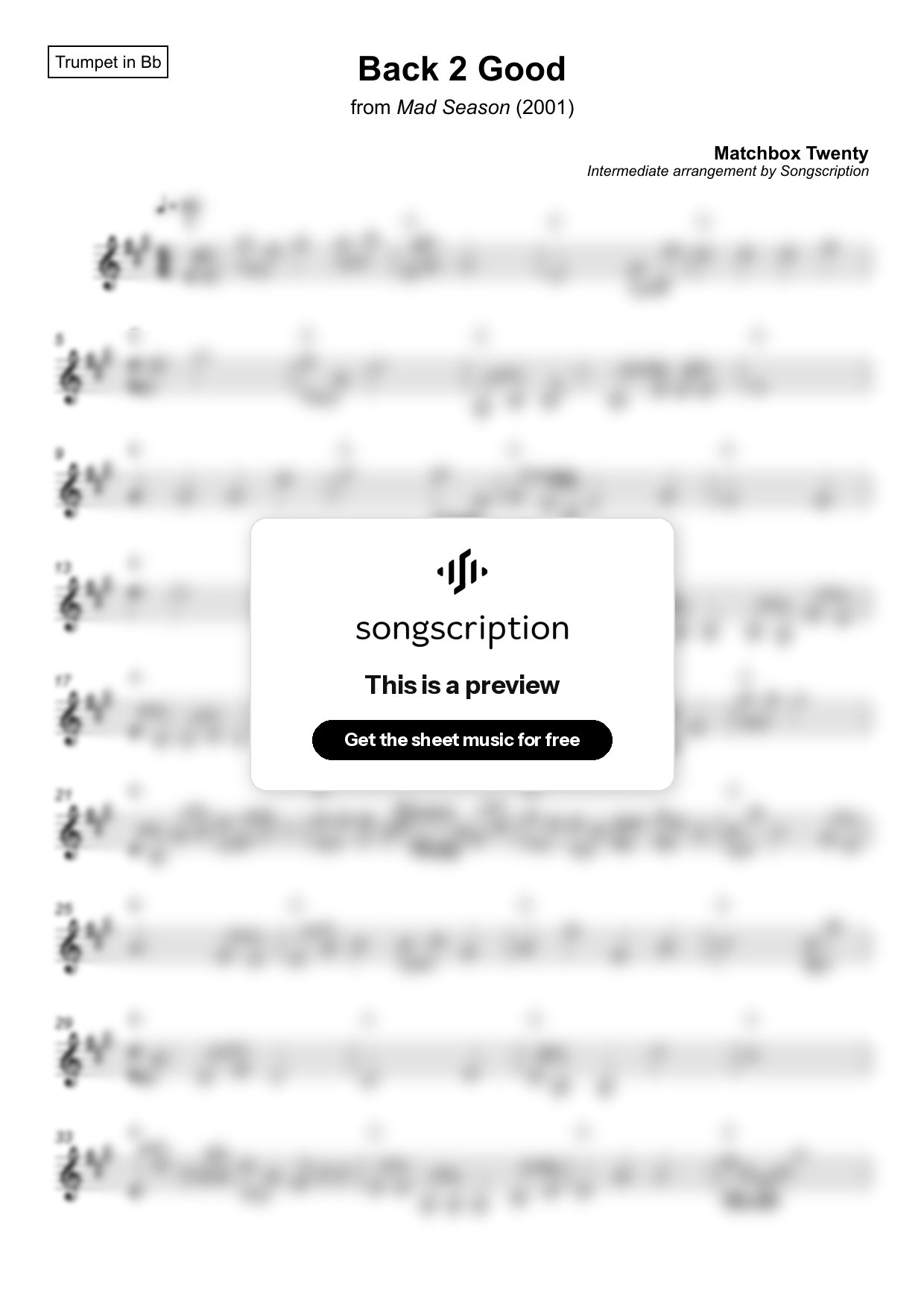 Intermediate Trumpet Sheet Music for "Back 2 Good" by Matchbox Twenty