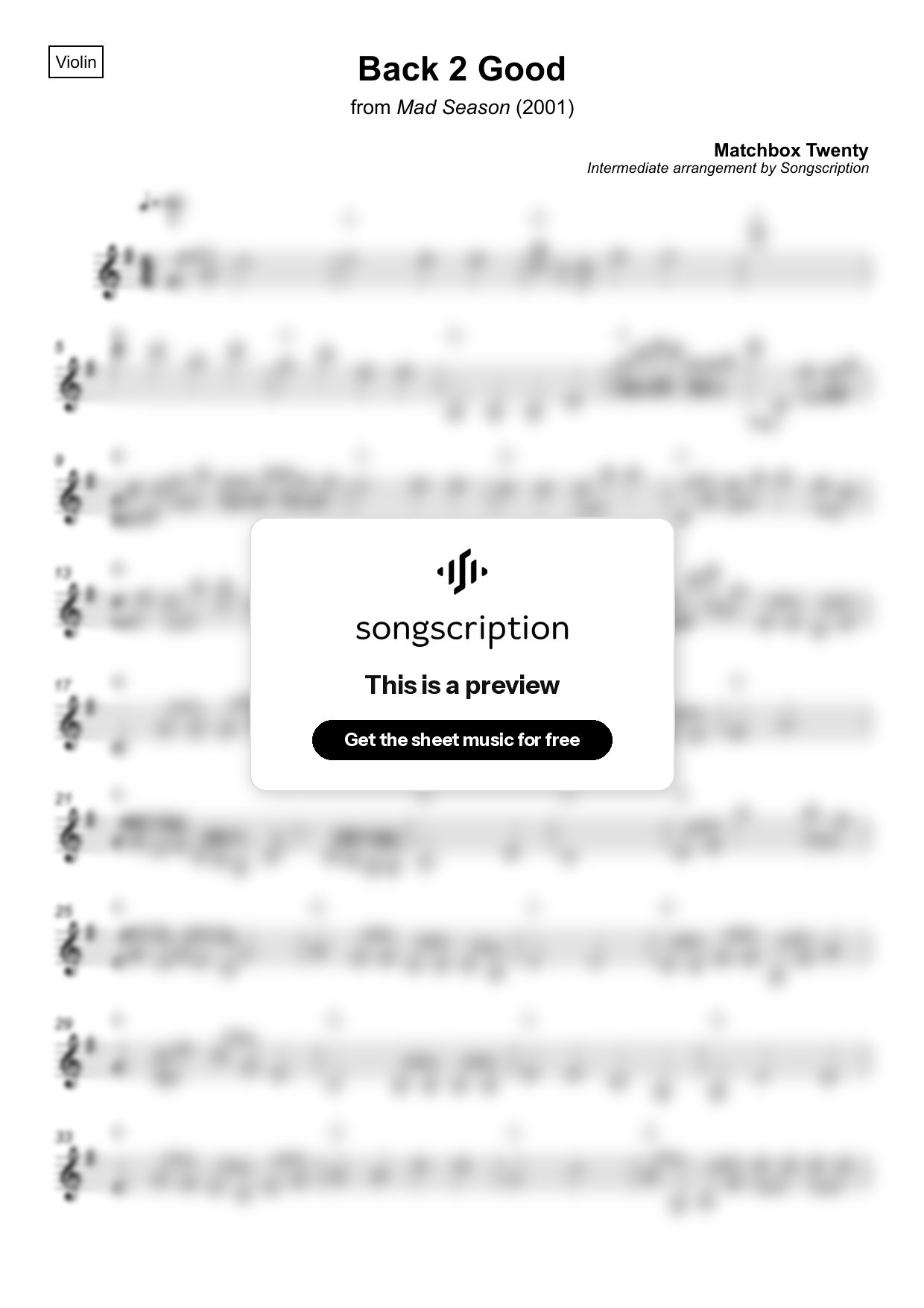 Intermediate Violin Sheet Music for "Back 2 Good" by Matchbox Twenty