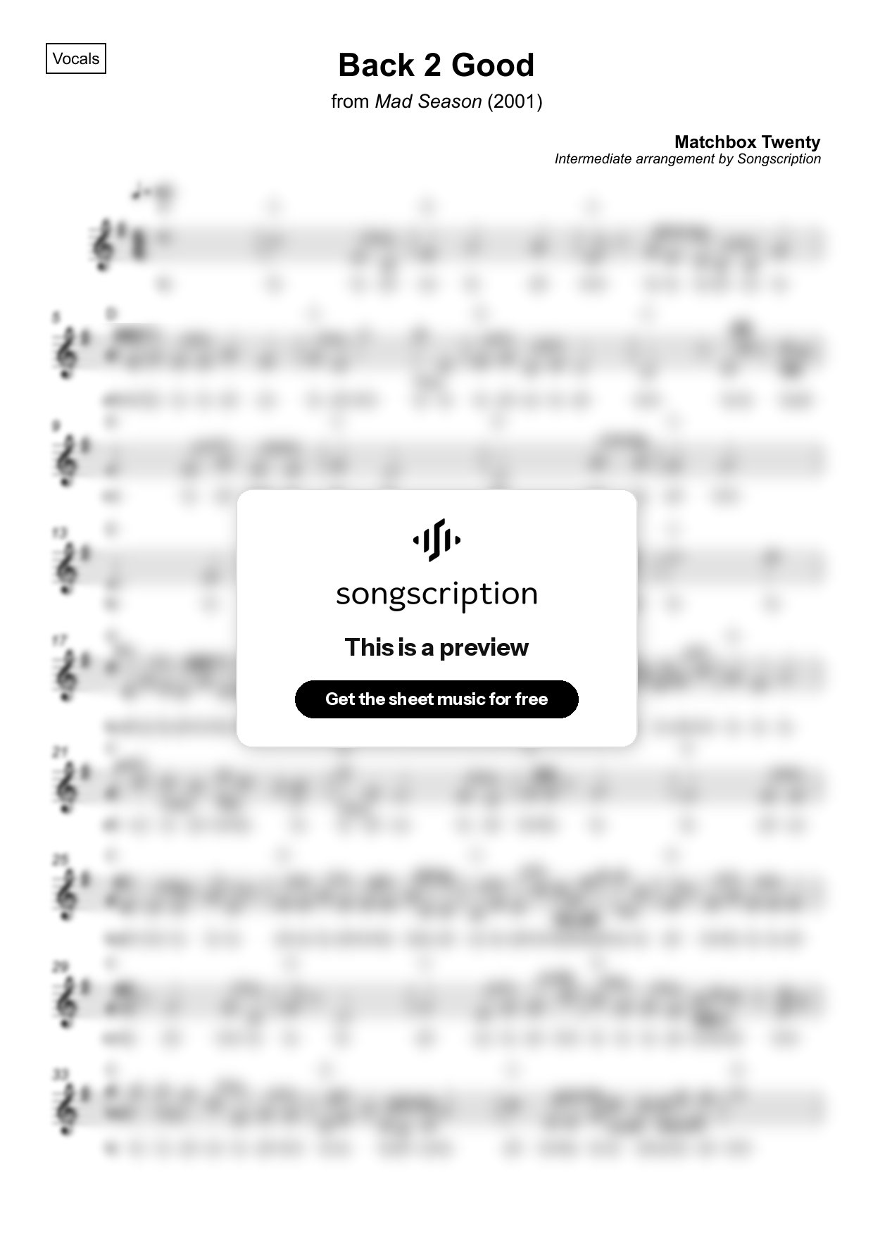 Intermediate Vocals Sheet Music for "Back 2 Good" by Matchbox Twenty