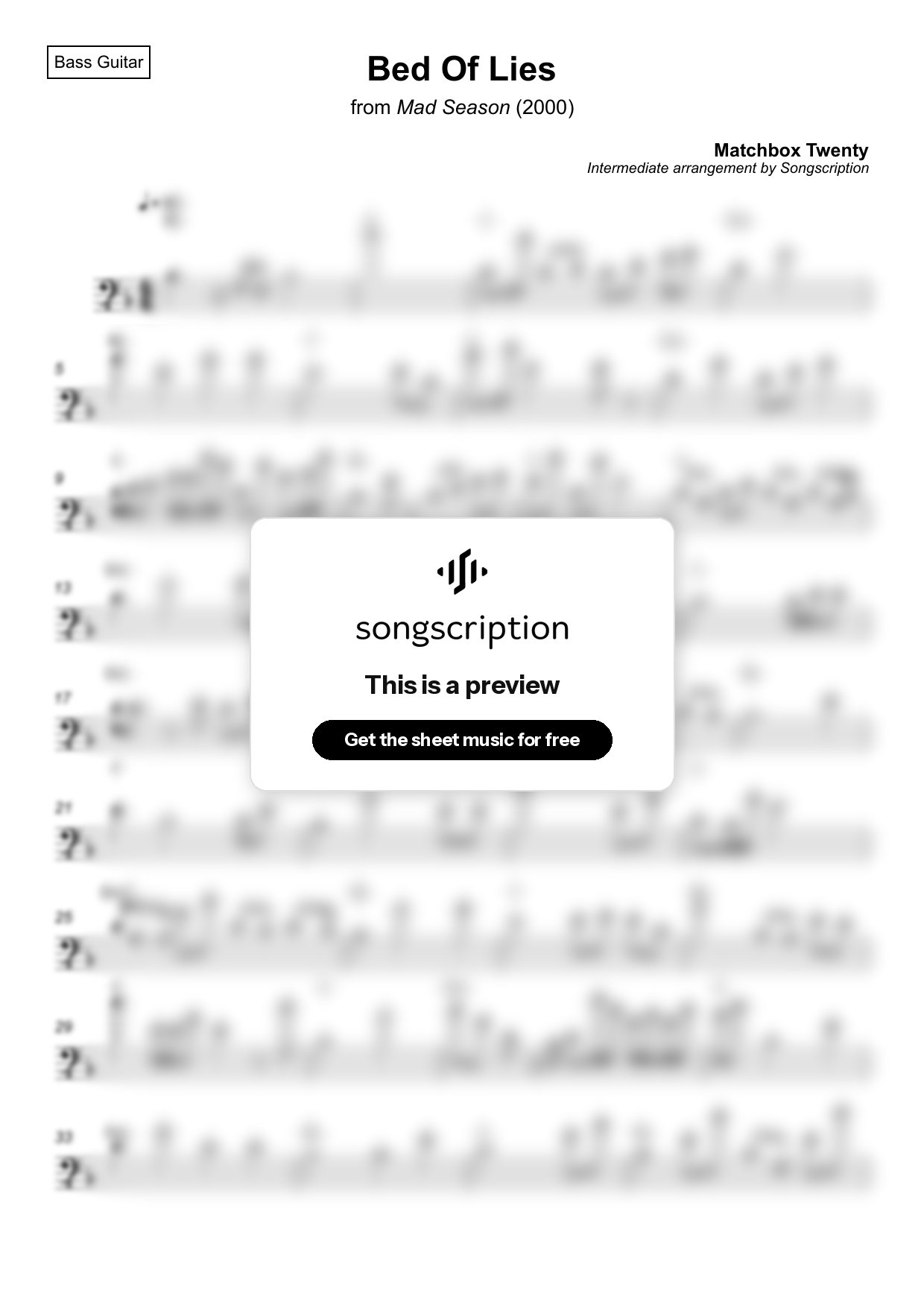 Intermediate Bass Guitar Sheet Music for "Bed Of Lies" by Matchbox Twenty