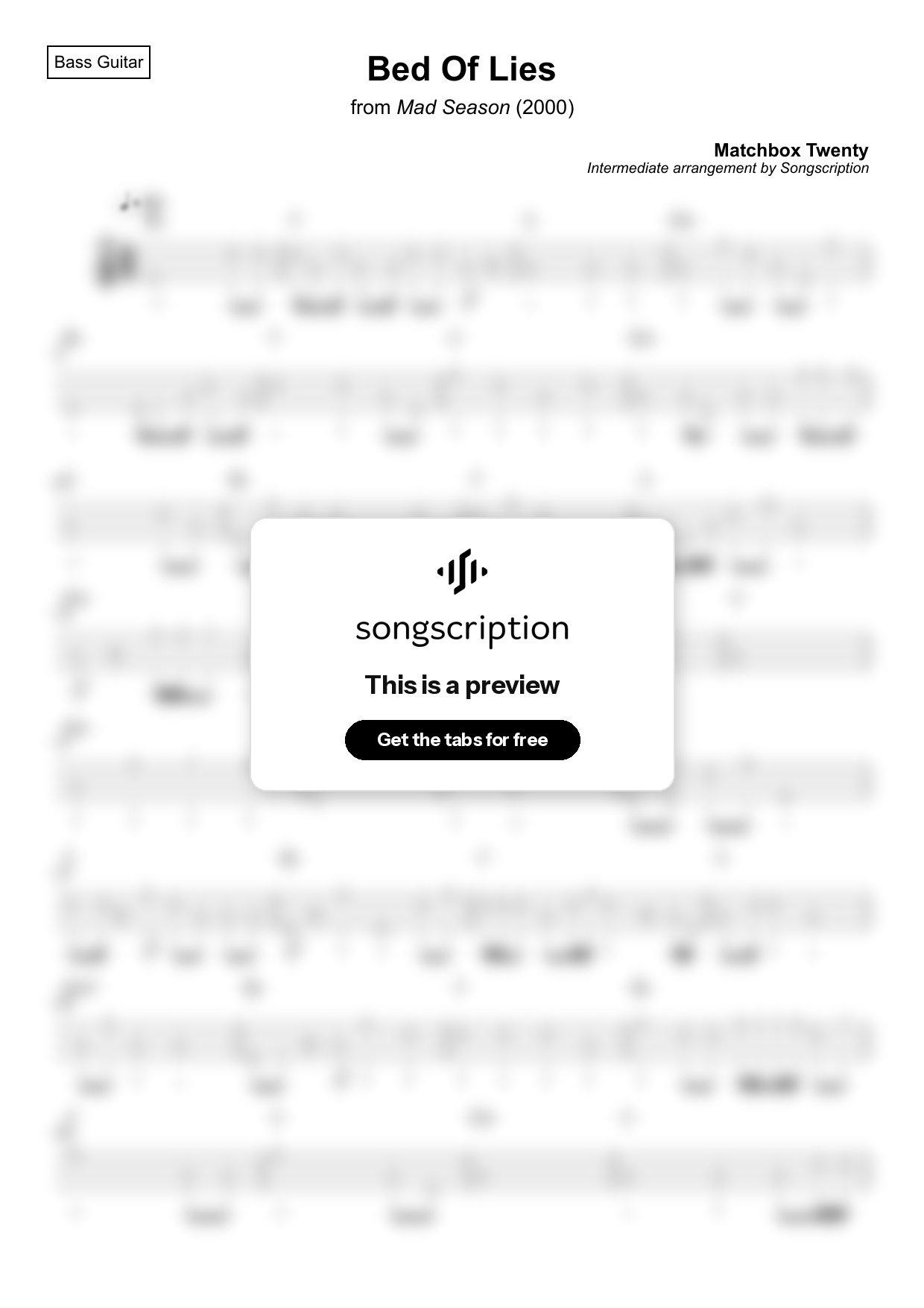 Intermediate Bass Guitar Tabs for "Bed Of Lies" by Matchbox Twenty