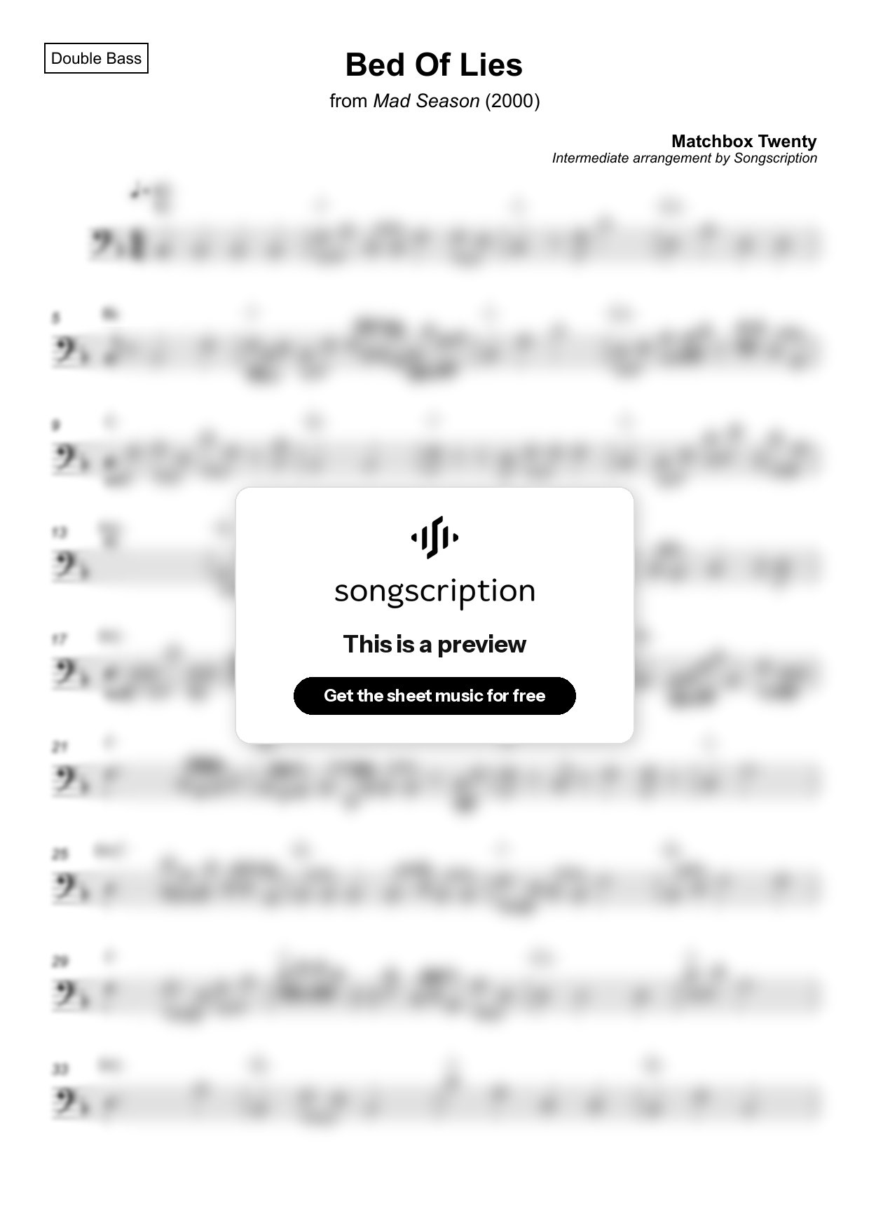 Intermediate Double Bass Sheet Music for "Bed Of Lies" by Matchbox Twenty