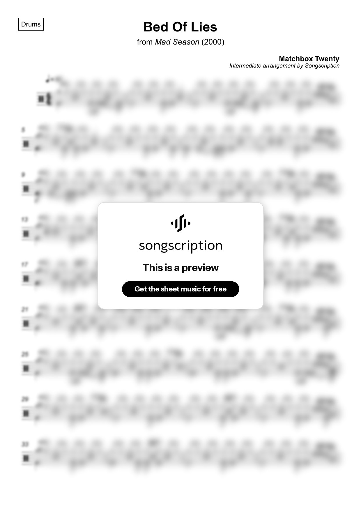 Intermediate Drums Sheet Music for "Bed Of Lies" by Matchbox Twenty