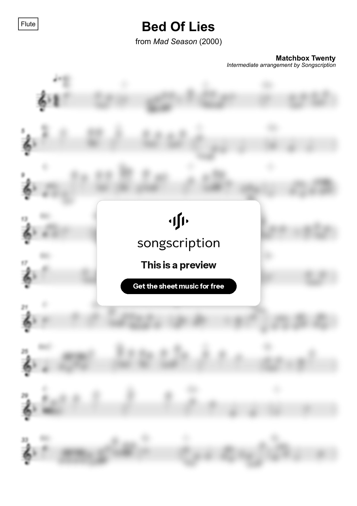 Intermediate Flute Sheet Music for "Bed Of Lies" by Matchbox Twenty