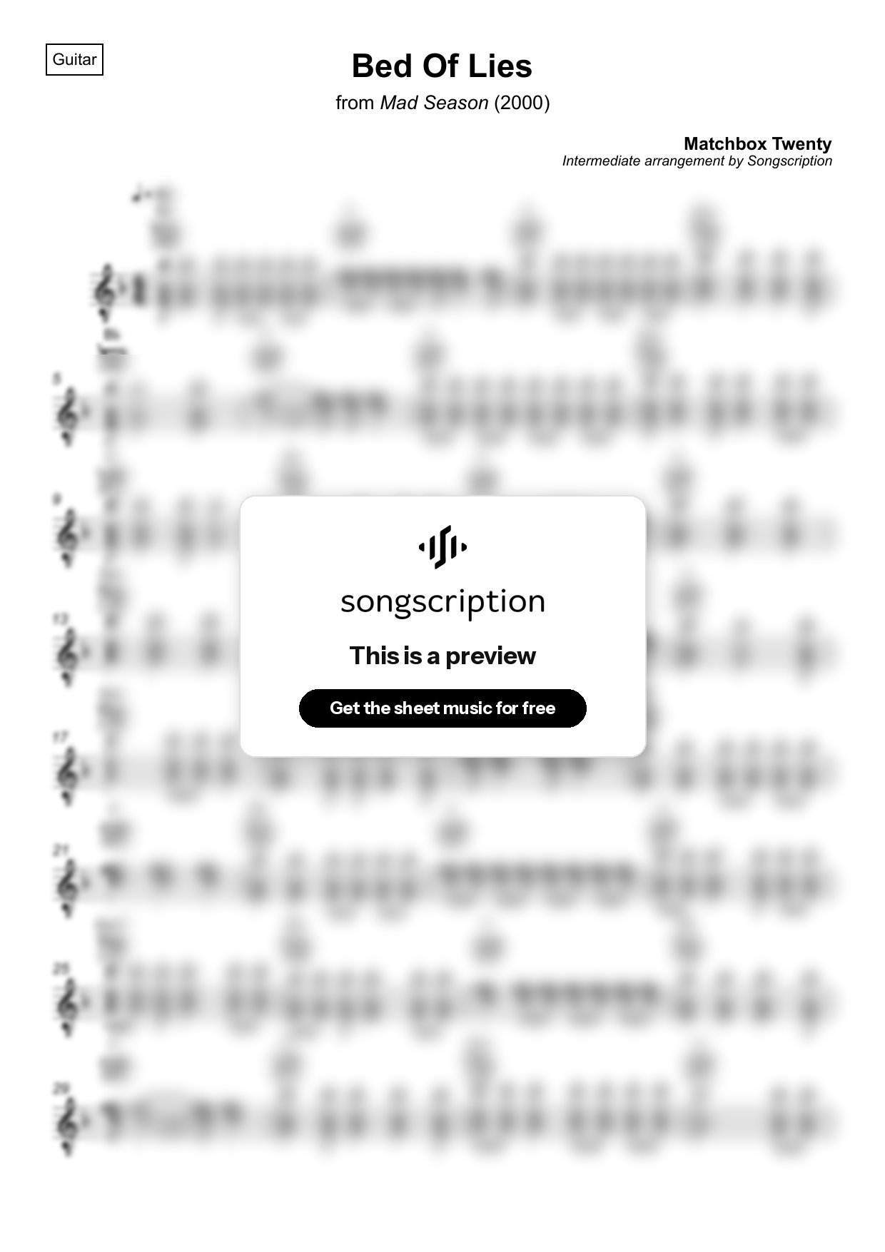 Intermediate Acoustic Guitar Sheet Music for "Bed Of Lies" by Matchbox Twenty