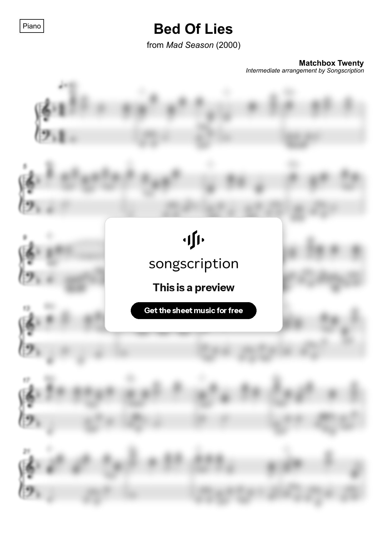 Intermediate Piano Sheet Music for "Bed Of Lies" by Matchbox Twenty
