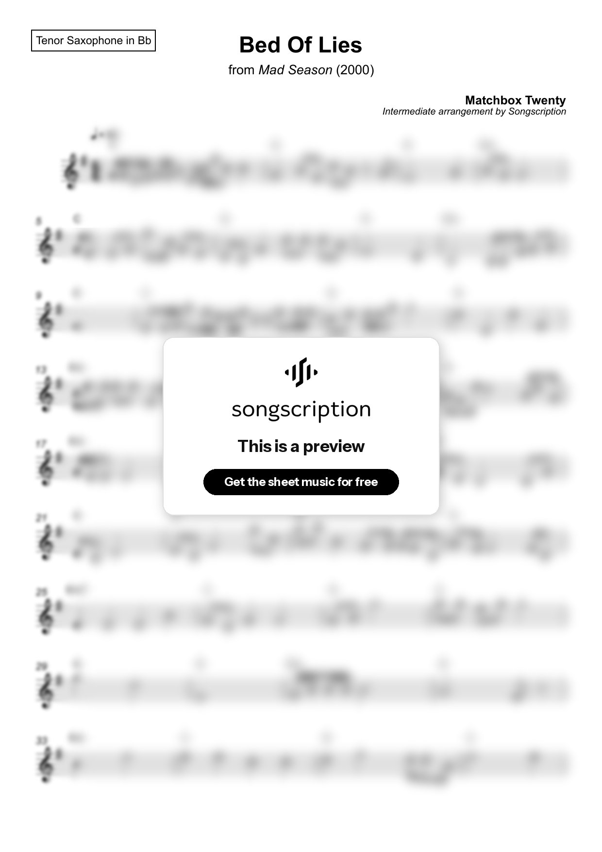 Intermediate Tenor Sax Sheet Music for "Bed Of Lies" by Matchbox Twenty