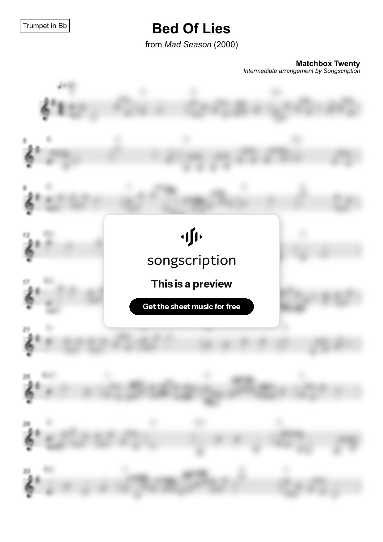 Intermediate Trumpet Sheet Music for "Bed Of Lies" by Matchbox Twenty