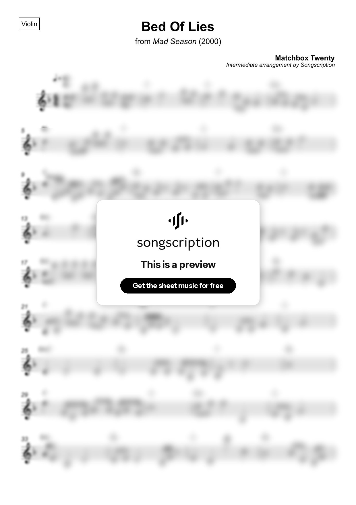 Intermediate Violin Sheet Music for "Bed Of Lies" by Matchbox Twenty