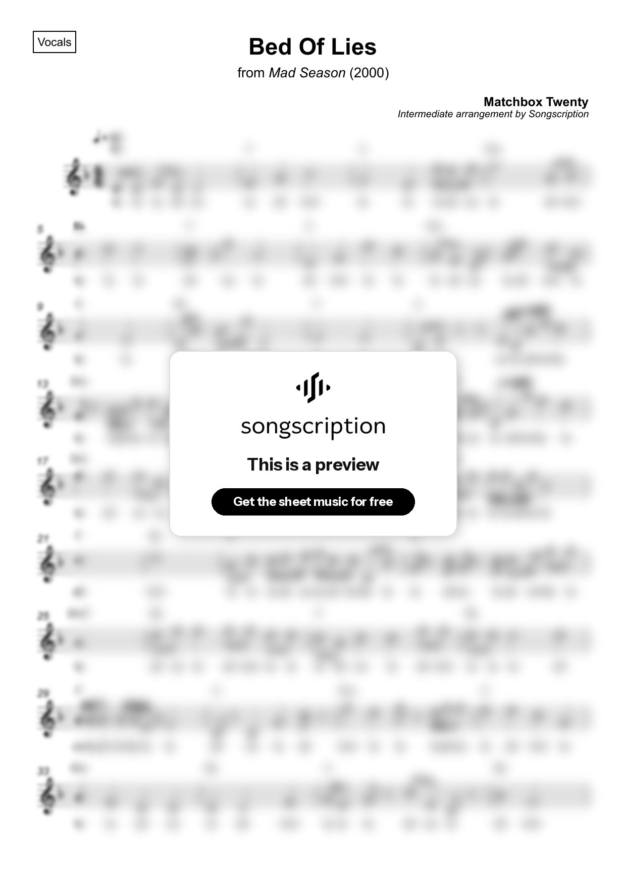 Intermediate Vocals Sheet Music for "Bed Of Lies" by Matchbox Twenty