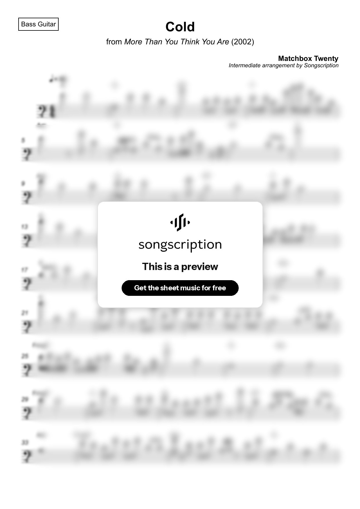 Intermediate Bass Guitar Sheet Music for "Cold" by Matchbox Twenty