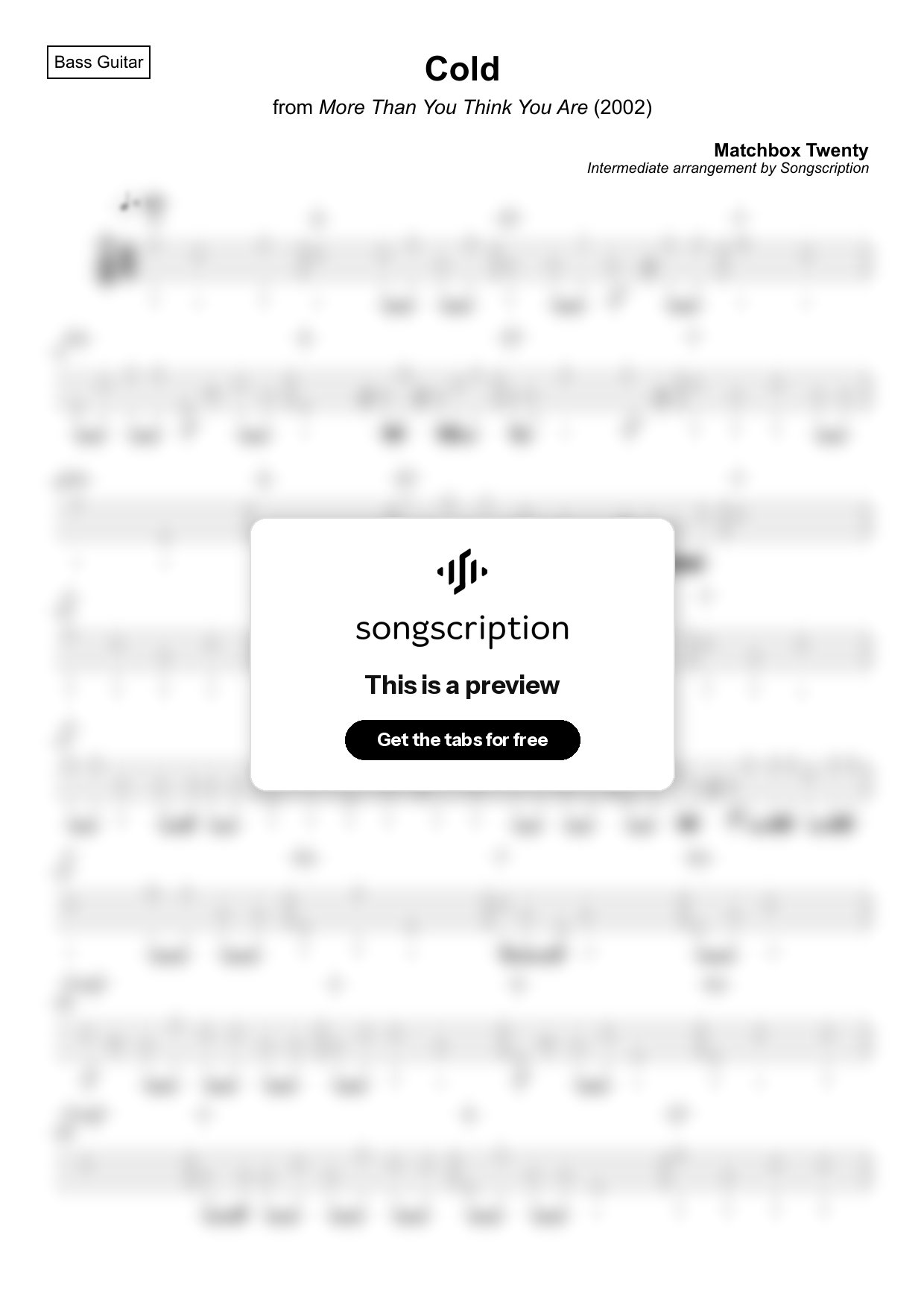 Intermediate Bass Guitar Tabs for "Cold" by Matchbox Twenty