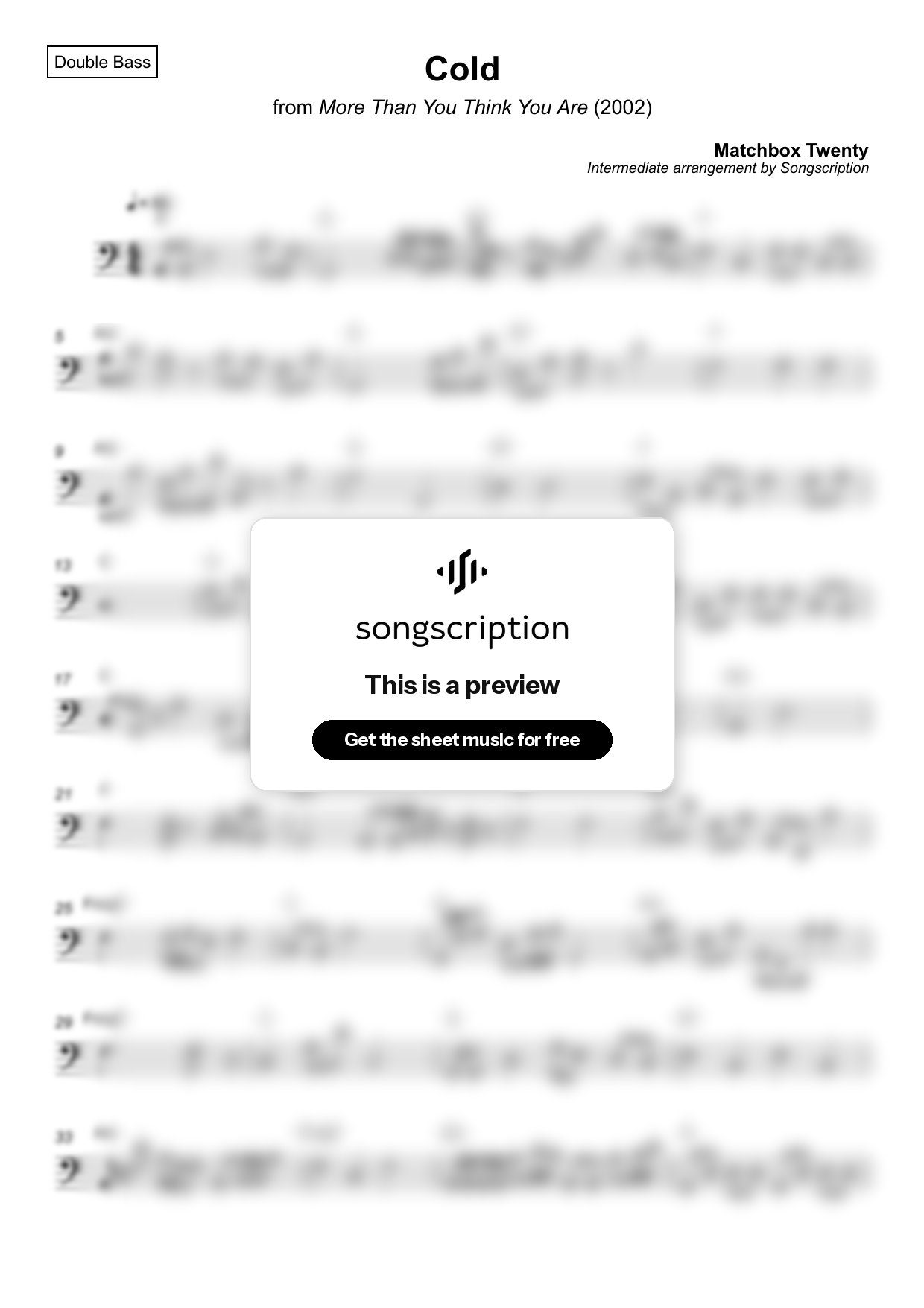 Intermediate Double Bass Sheet Music for "Cold" by Matchbox Twenty