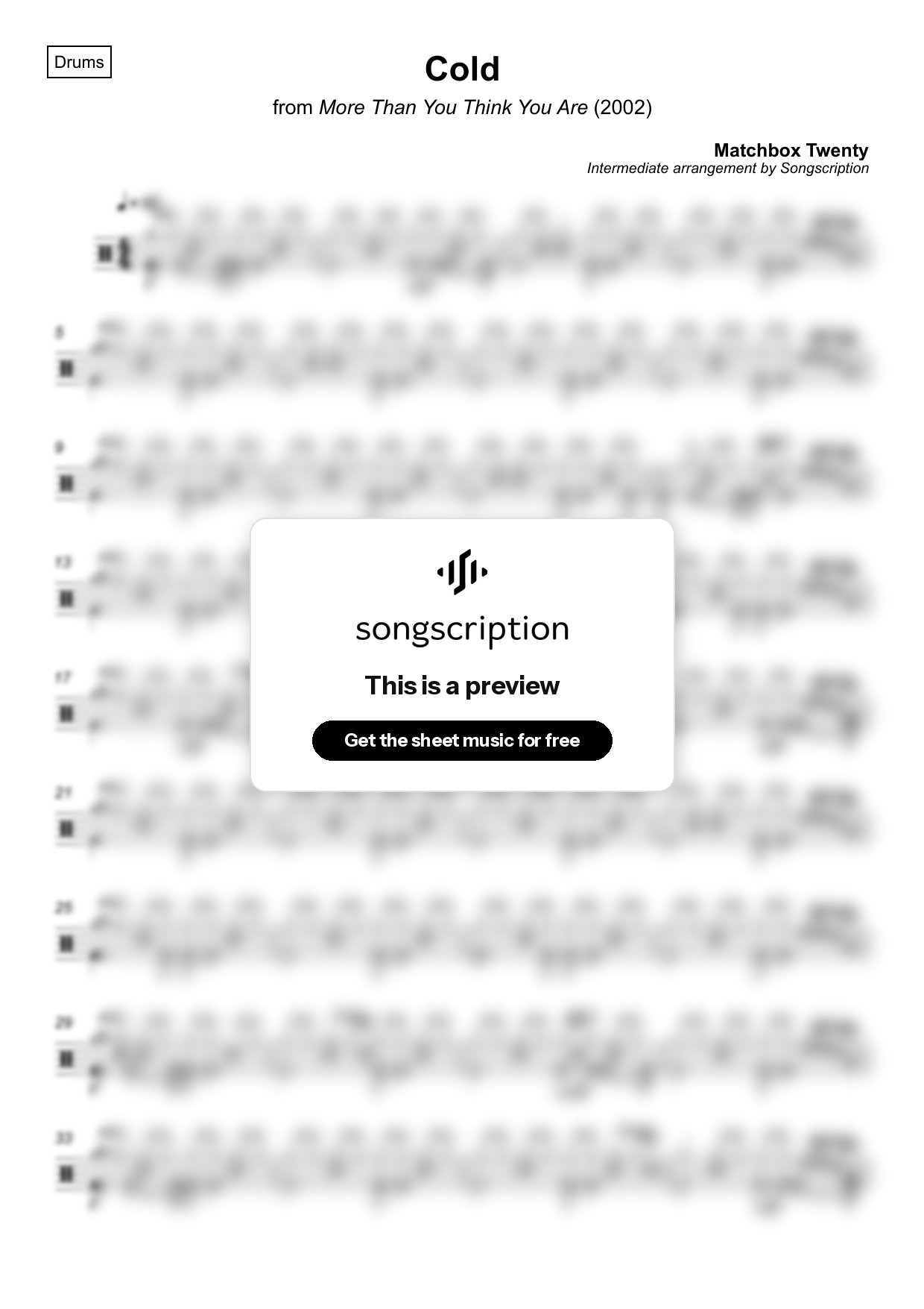 Intermediate Drums Sheet Music for "Cold" by Matchbox Twenty