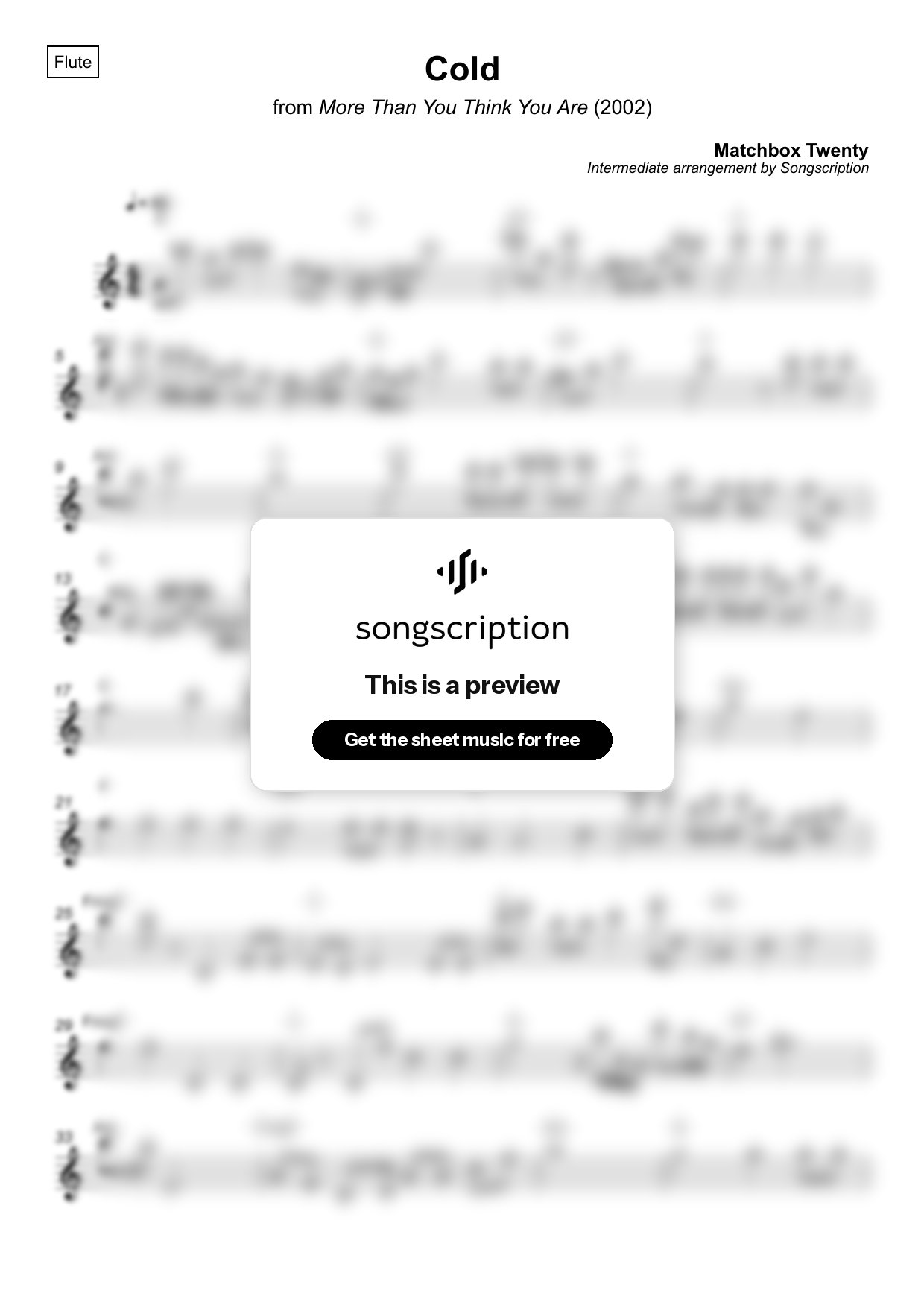 Intermediate Flute Sheet Music for "Cold" by Matchbox Twenty