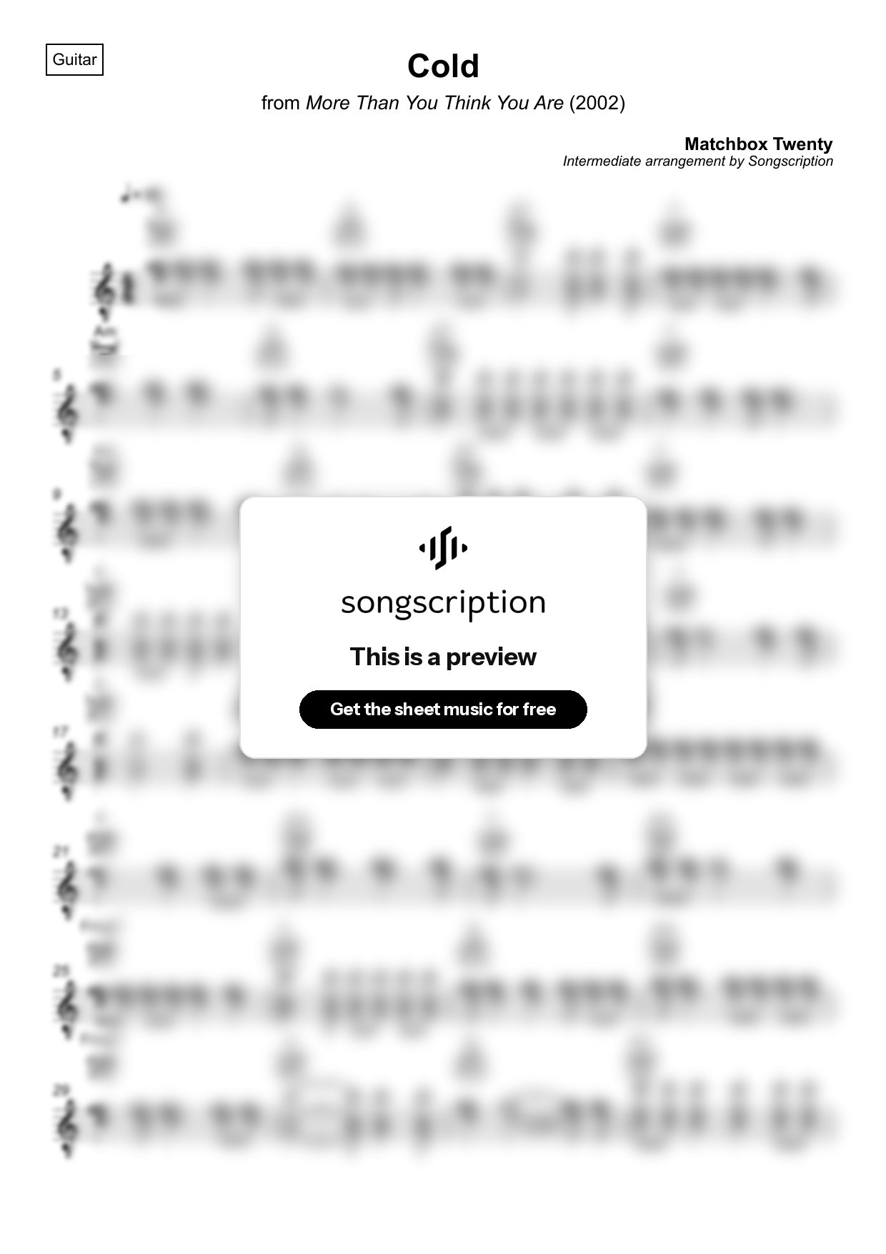 Intermediate Acoustic Guitar Sheet Music for "Cold" by Matchbox Twenty