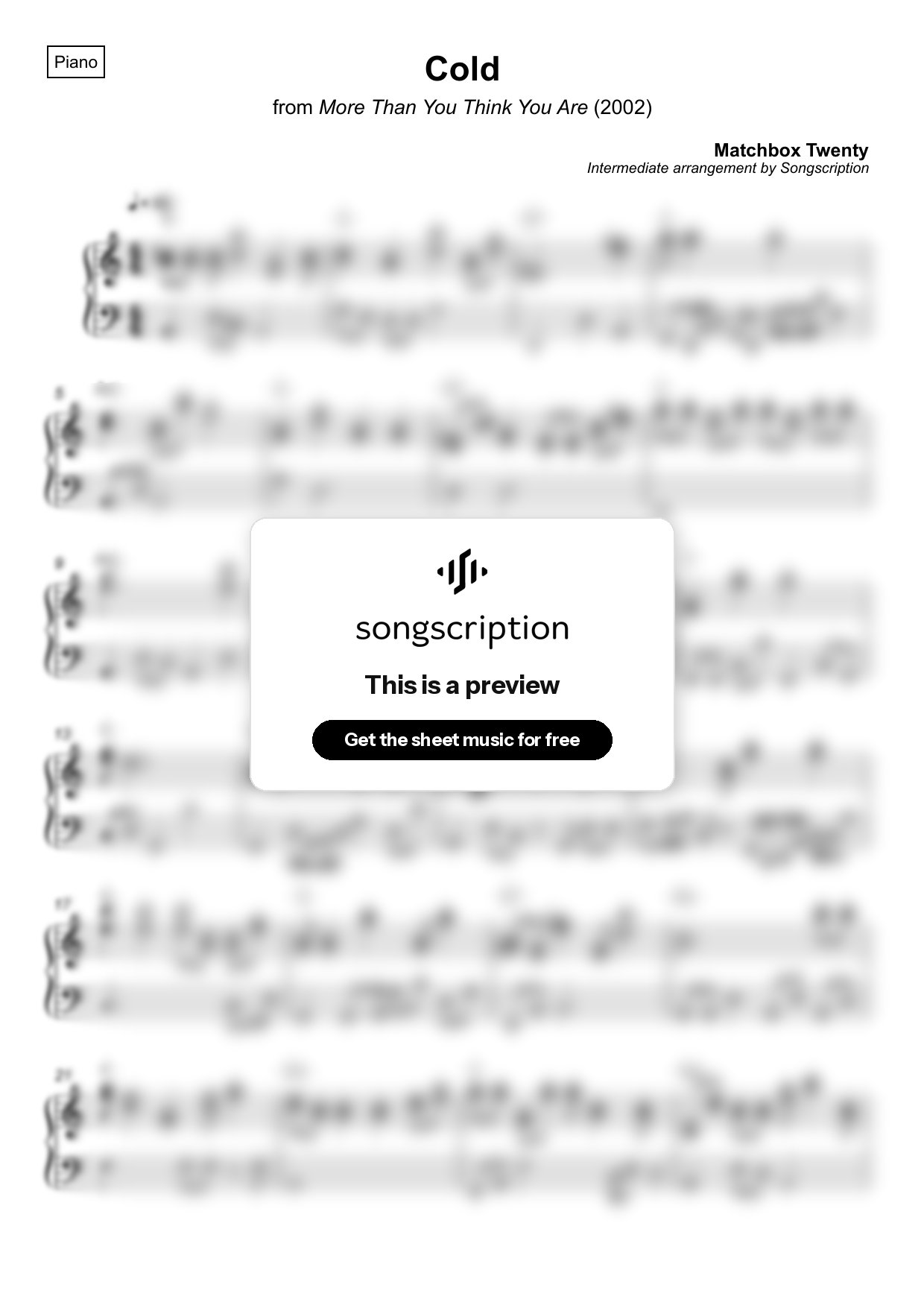 Intermediate Piano Sheet Music for "Cold" by Matchbox Twenty