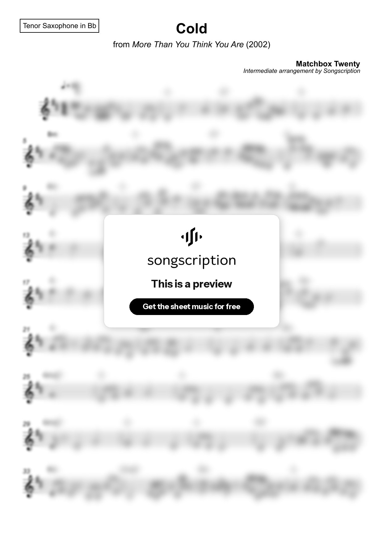 Intermediate Tenor Sax Sheet Music for "Cold" by Matchbox Twenty