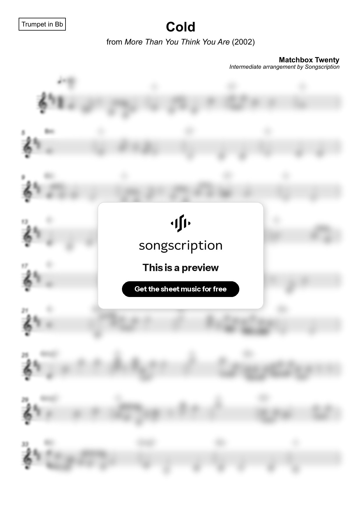 Intermediate Trumpet Sheet Music for "Cold" by Matchbox Twenty