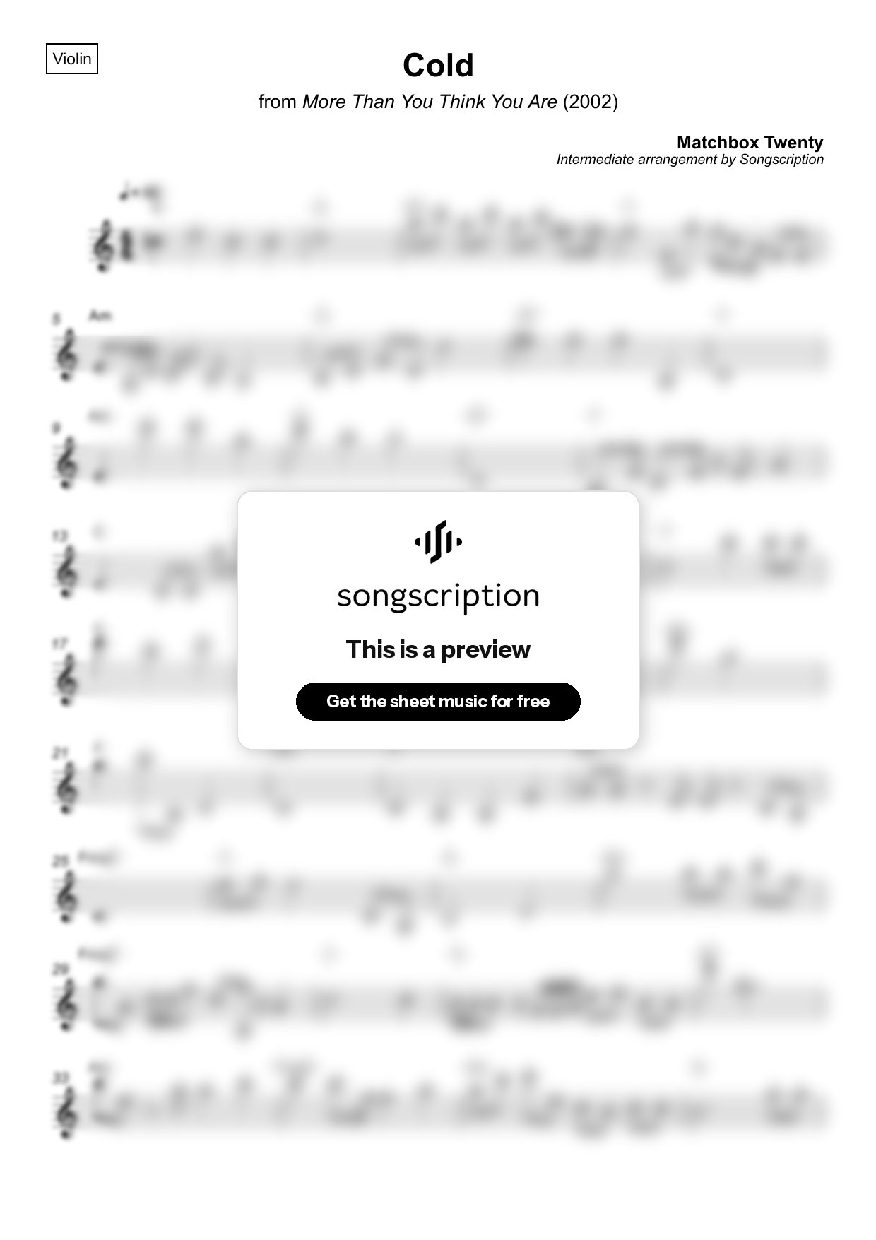 Intermediate Violin Sheet Music for "Cold" by Matchbox Twenty