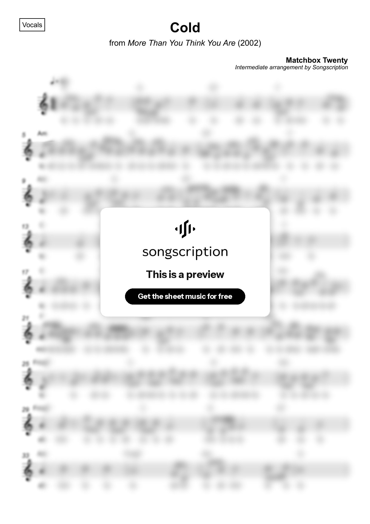 Intermediate Vocals Sheet Music for "Cold" by Matchbox Twenty