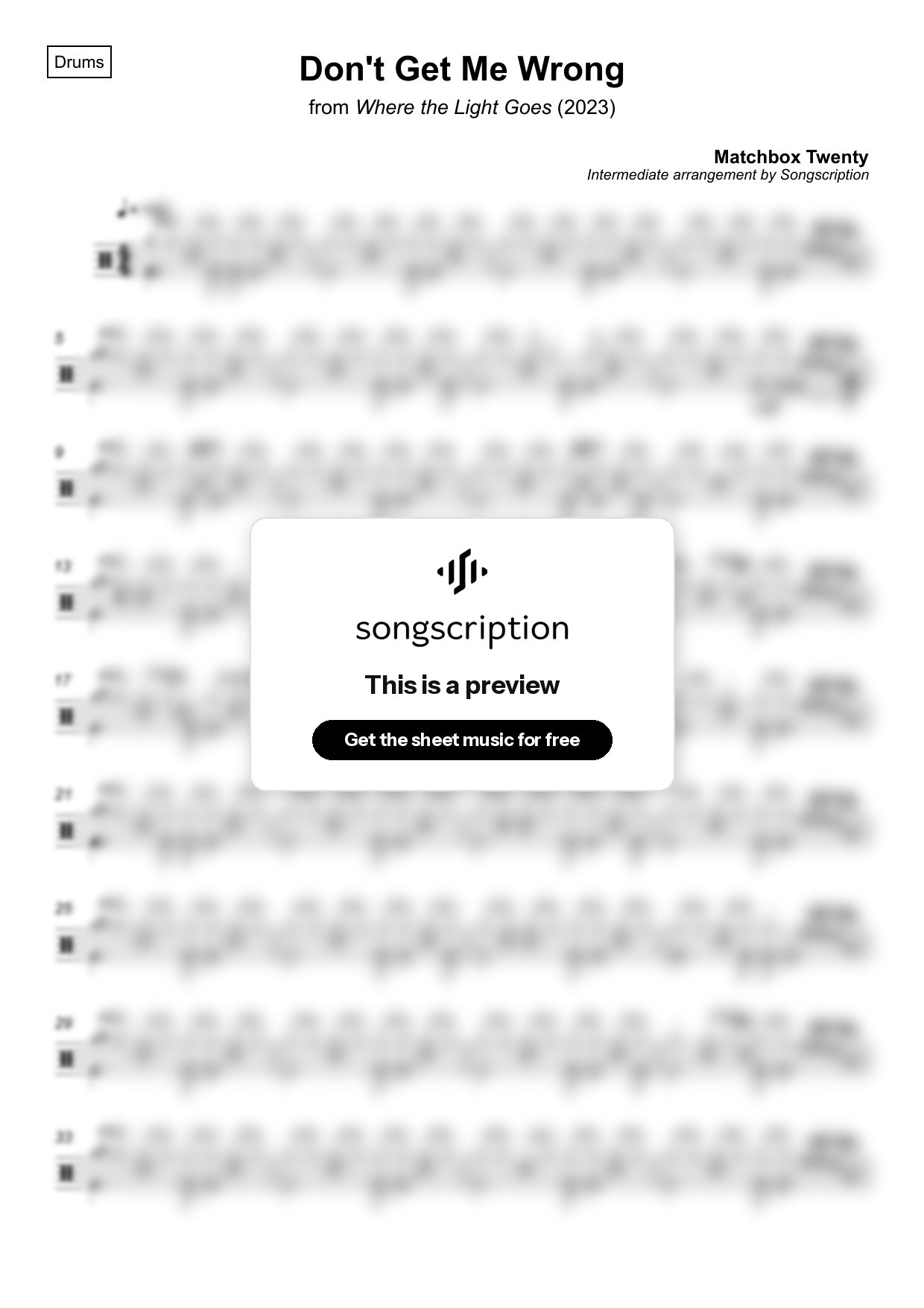 Intermediate Drums Sheet Music for "Don't Get Me Wrong" by Matchbox Twenty