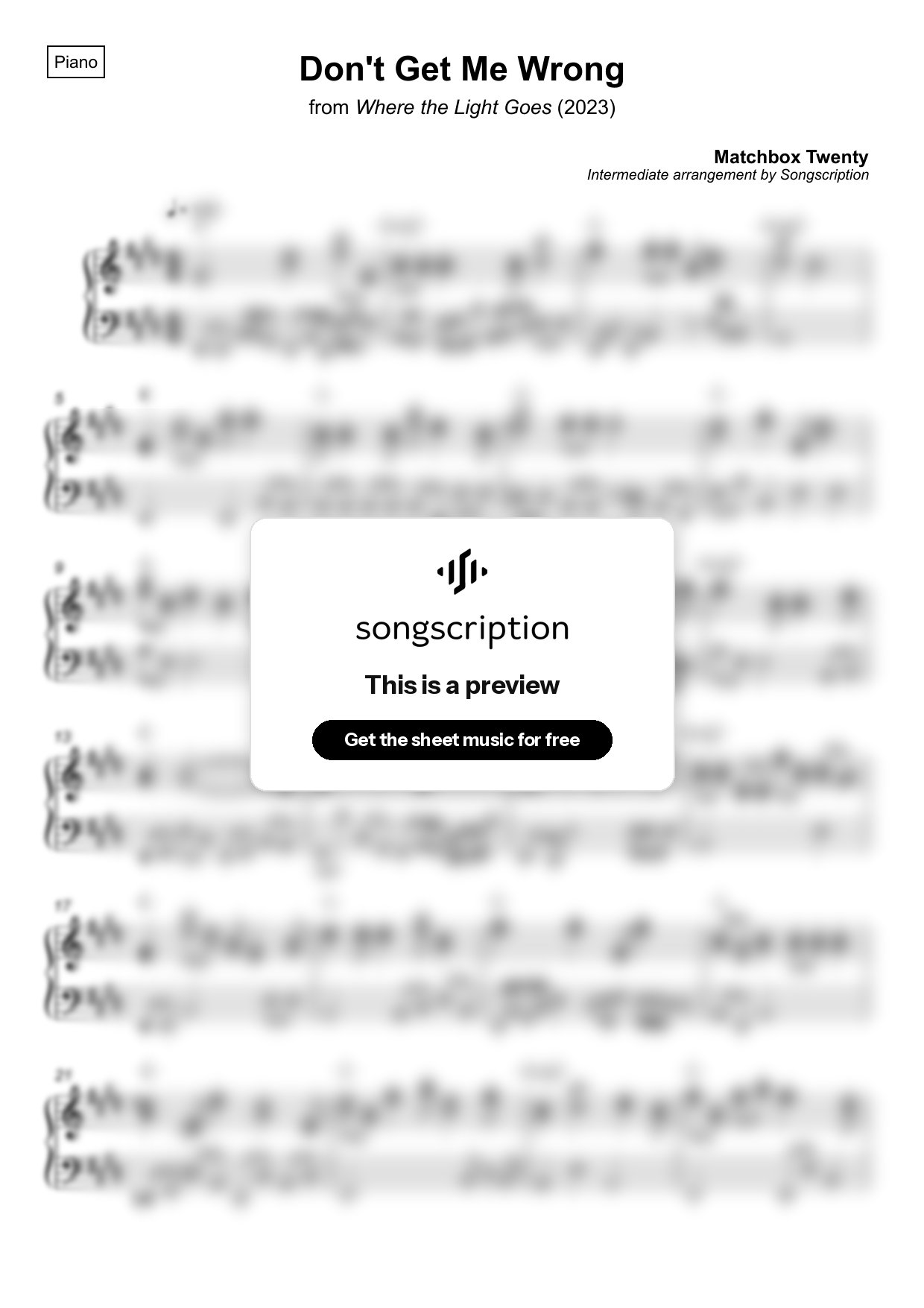 Intermediate Piano Sheet Music for "Don't Get Me Wrong" by Matchbox Twenty