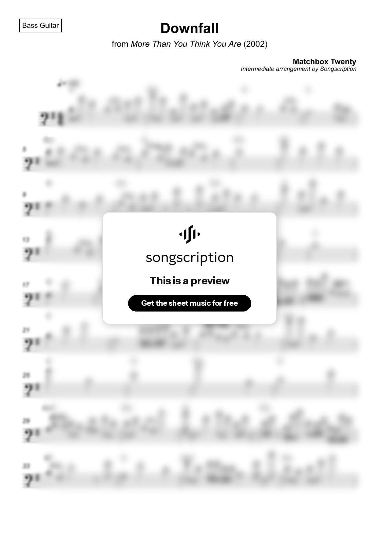 Intermediate Bass Guitar Sheet Music for "Downfall" by Matchbox Twenty