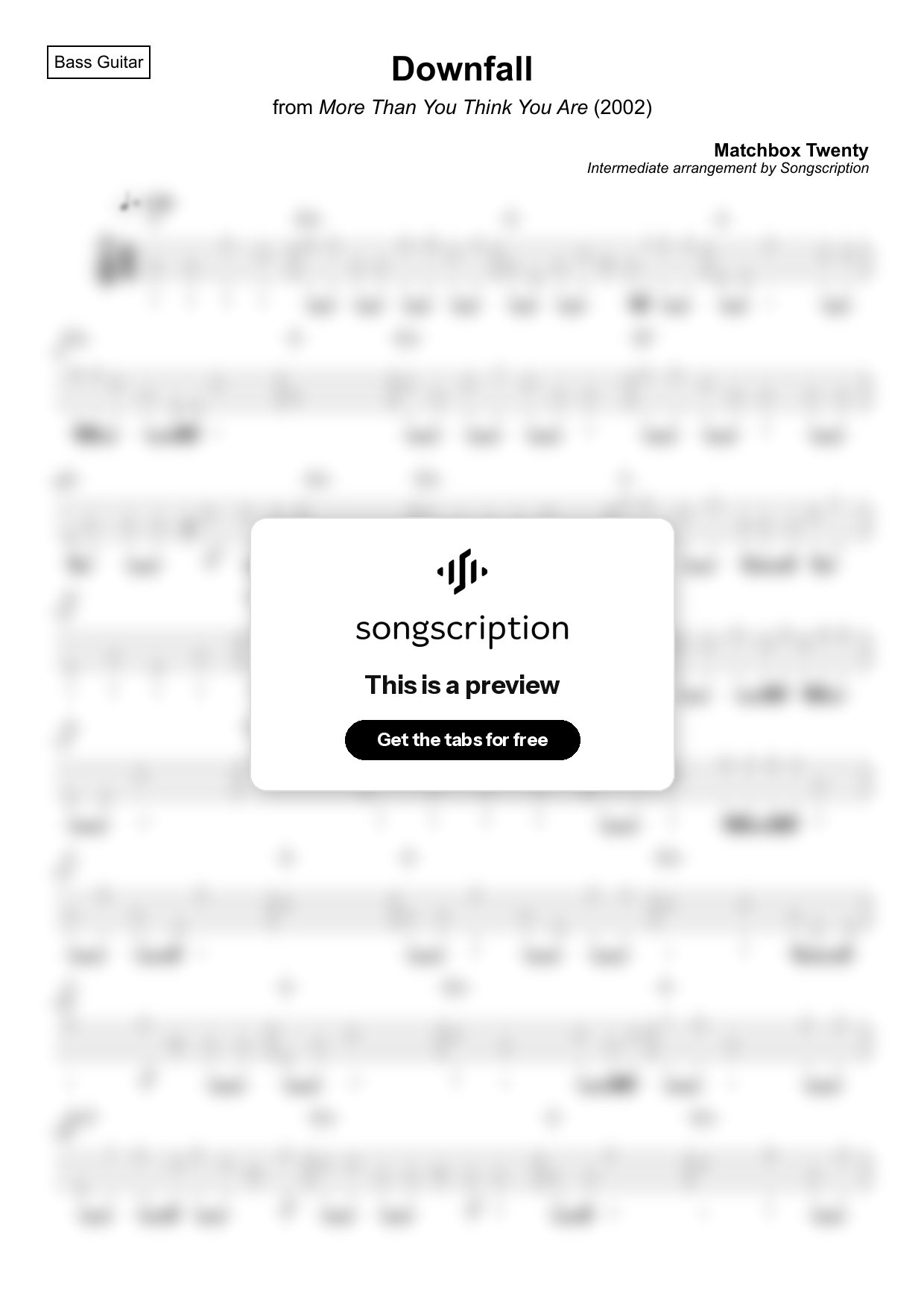 Intermediate Bass Guitar Tabs for "Downfall" by Matchbox Twenty