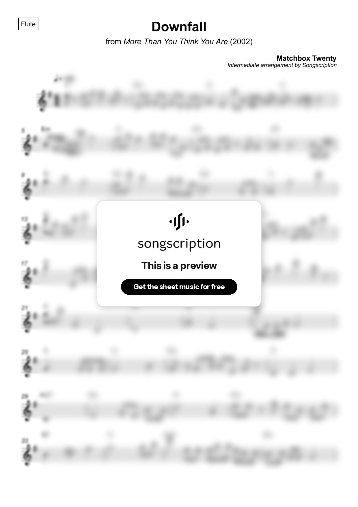 Intermediate Flute Sheet Music for "Downfall" by Matchbox Twenty