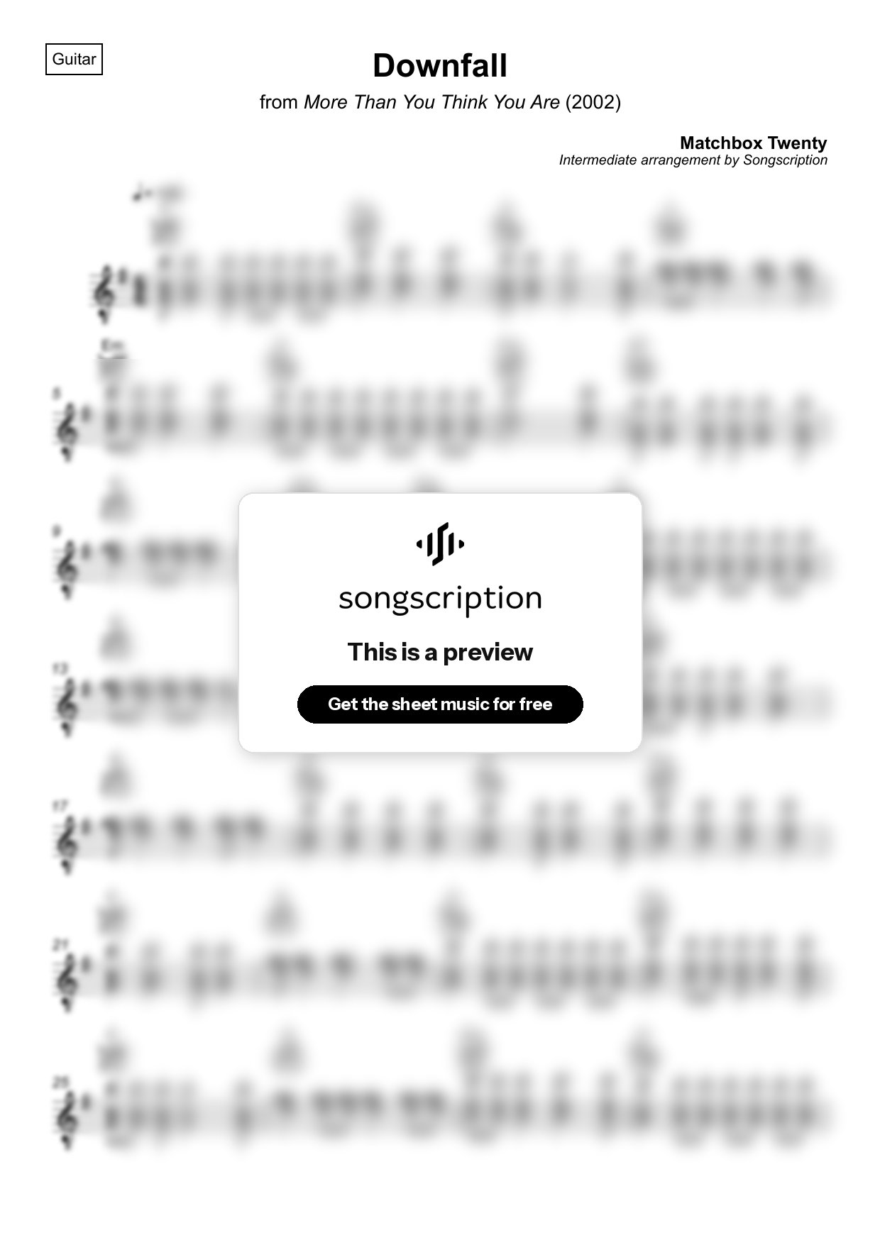 Intermediate Acoustic Guitar Sheet Music for "Downfall" by Matchbox Twenty