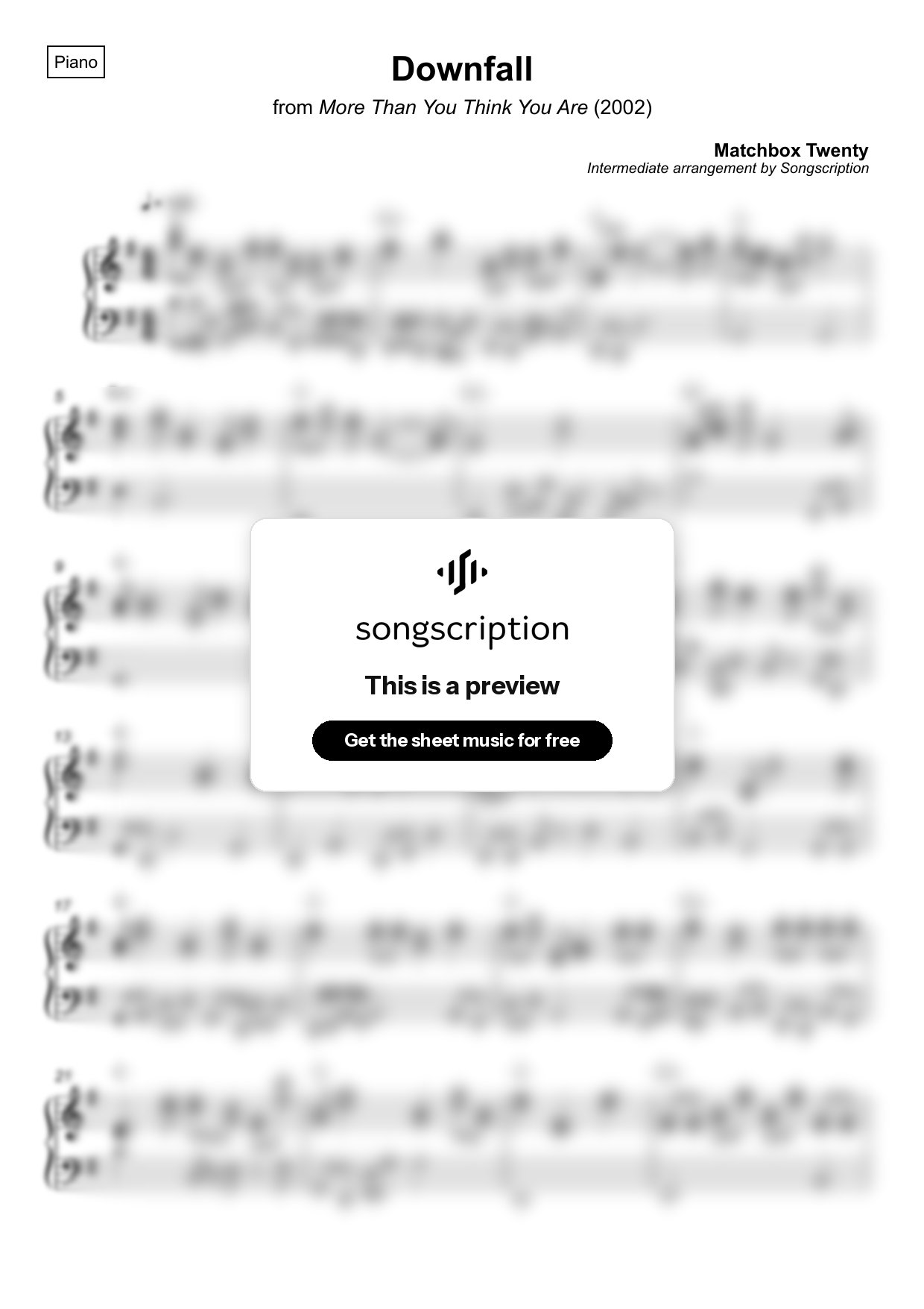 Intermediate Piano Sheet Music for "Downfall" by Matchbox Twenty