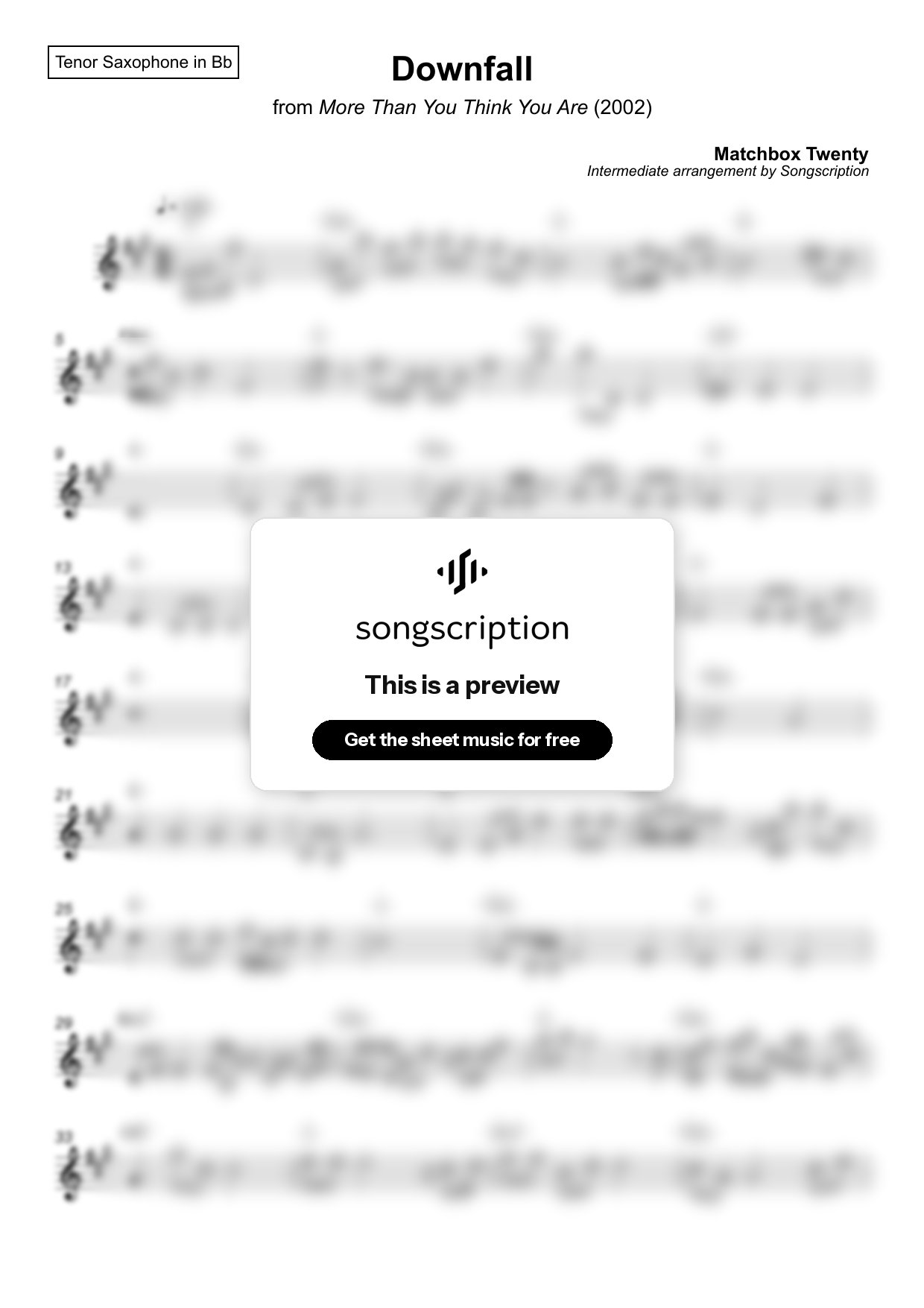 Intermediate Tenor Sax Sheet Music for "Downfall" by Matchbox Twenty