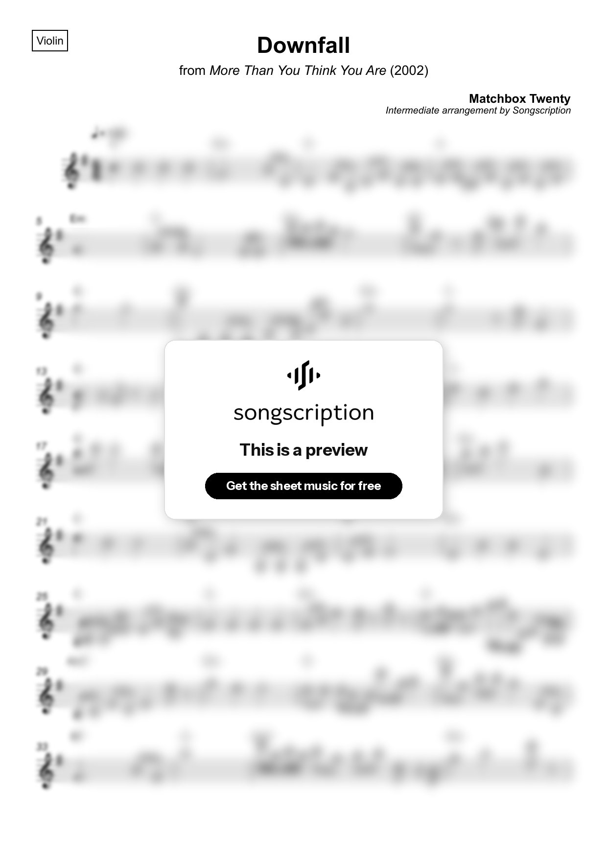 Intermediate Violin Sheet Music for "Downfall" by Matchbox Twenty
