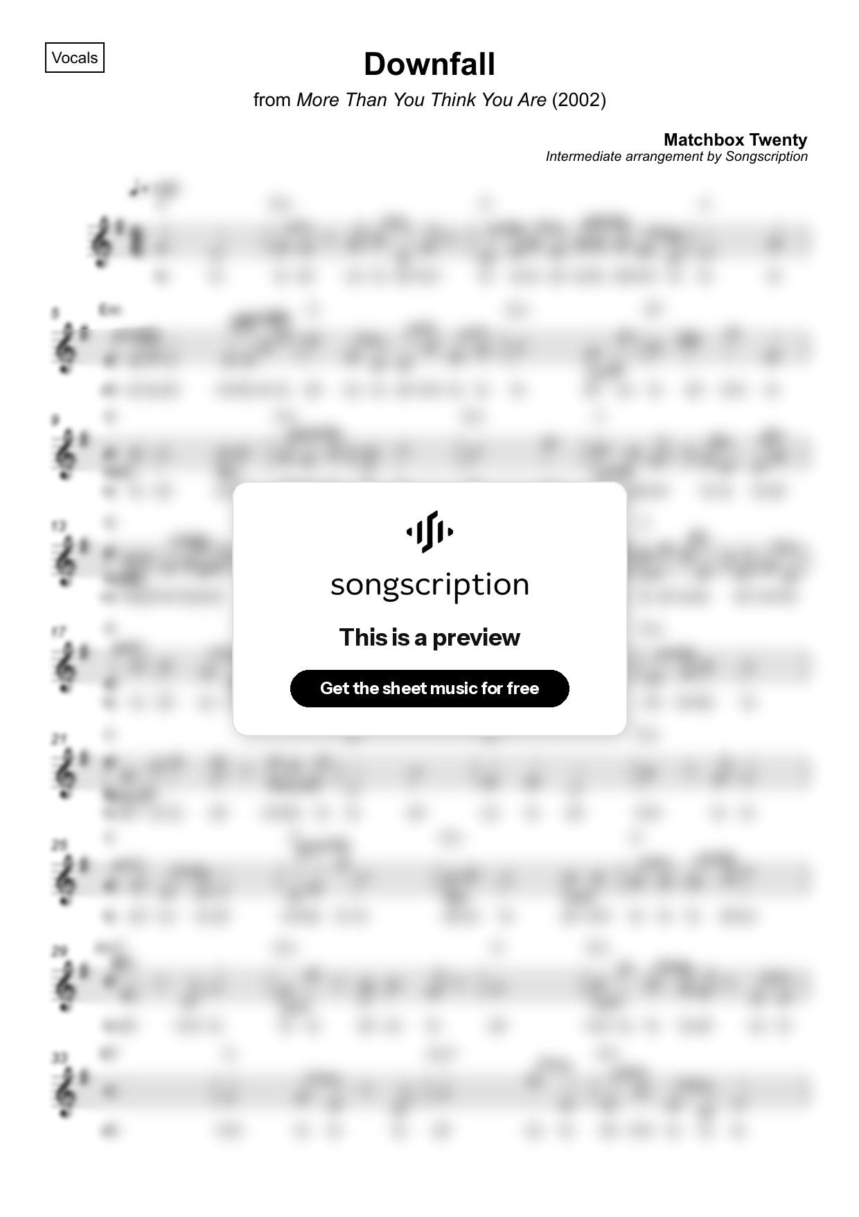 Intermediate Vocals Sheet Music for "Downfall" by Matchbox Twenty