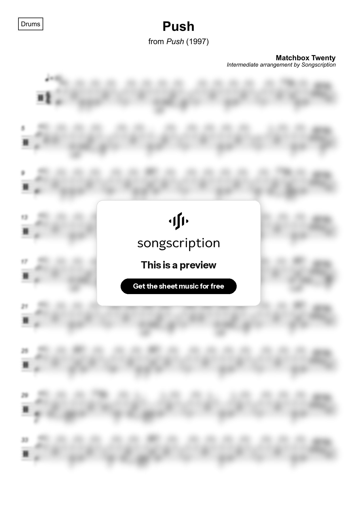 Intermediate Drums Sheet Music for "Push" by Matchbox Twenty
