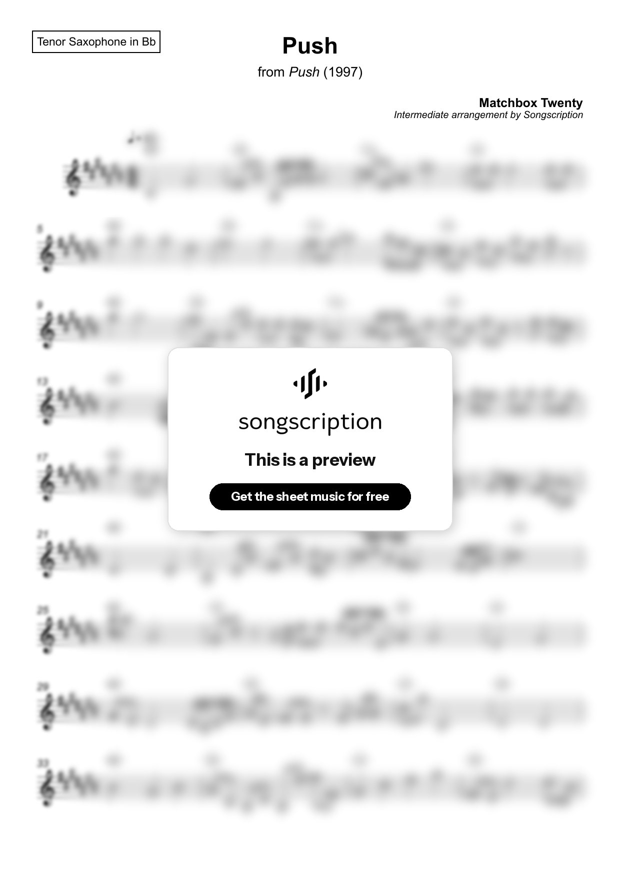Intermediate Tenor Sax Sheet Music for "Push" by Matchbox Twenty