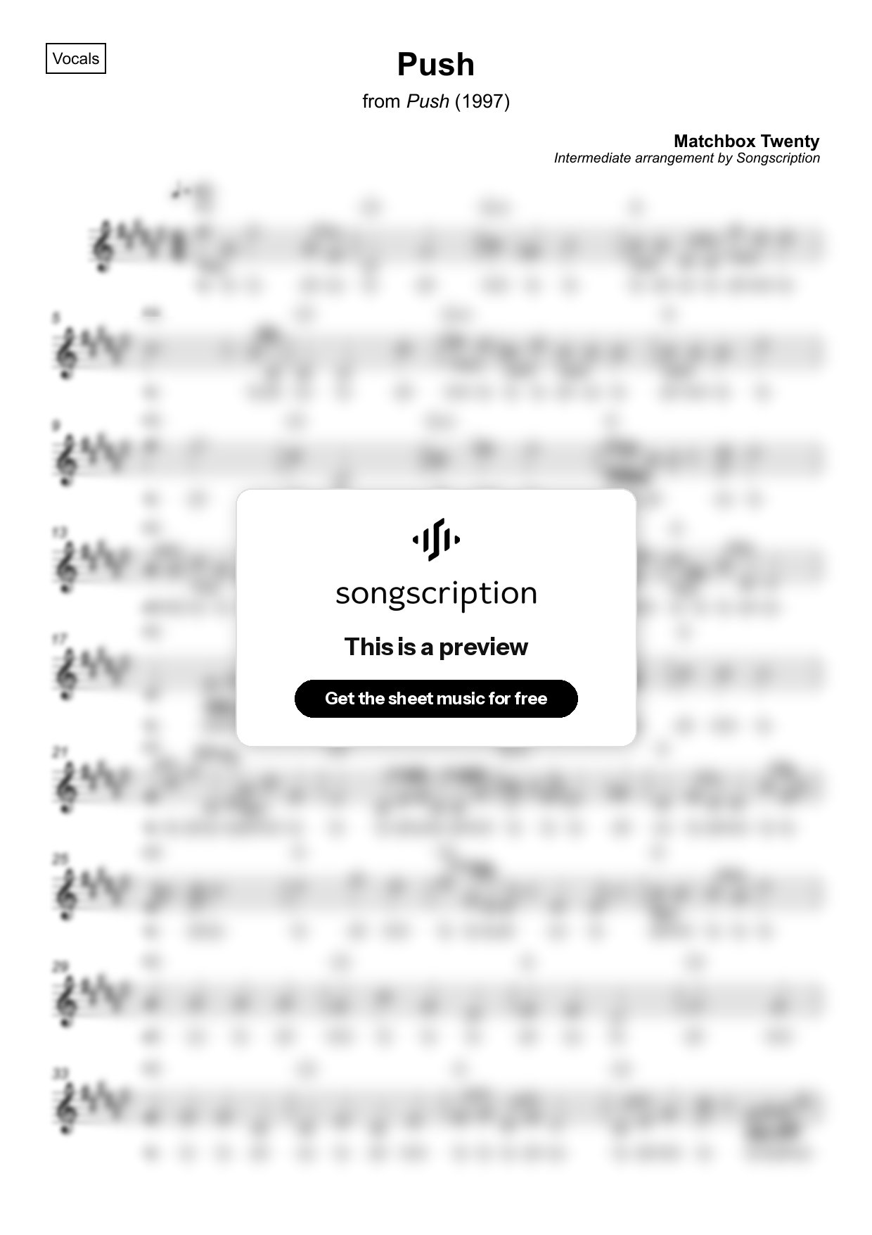 Intermediate Vocals Sheet Music for "Push" by Matchbox Twenty