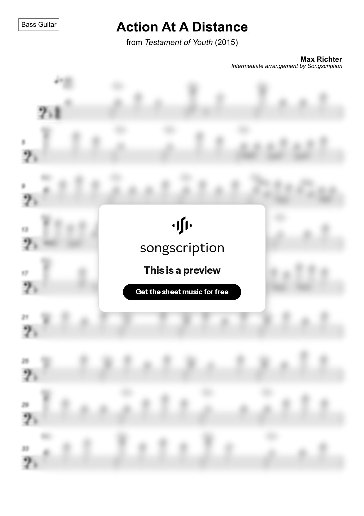 Intermediate Bass Guitar Sheet Music for "Action At A Distance" by Max Richter