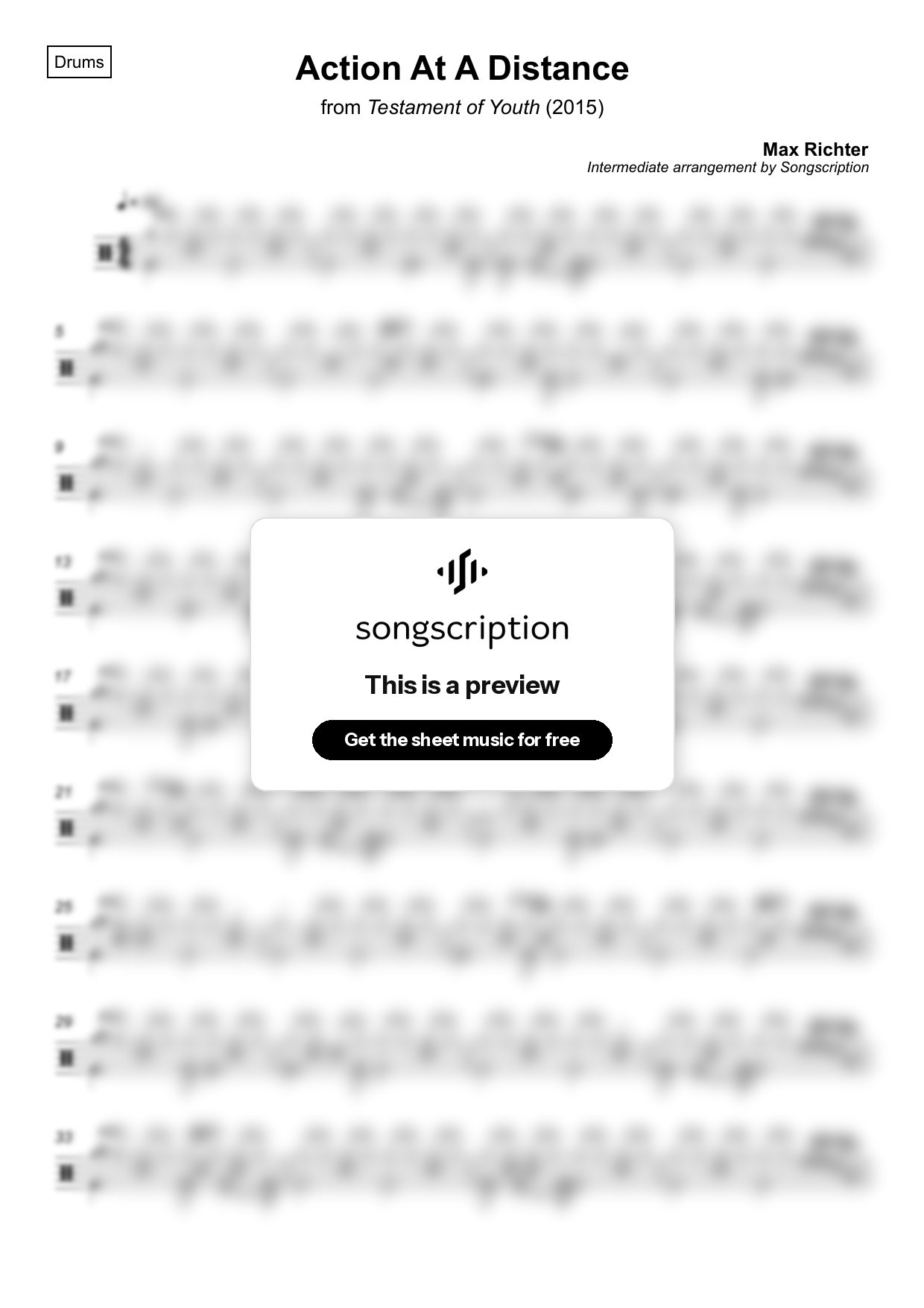 Intermediate Drums Sheet Music for "Action At A Distance" by Max Richter